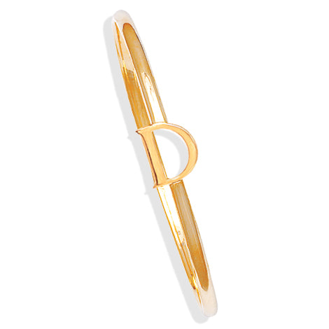 Handcrafted yellow gold bangle with a central yellow gold letter D accent.