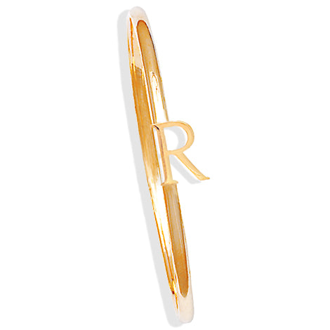 Handcrafted yellow gold bangle with a central yellow gold letter R accent.