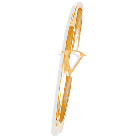 Handcrafted yellow gold bangle with a central yellow gold letter V accent.