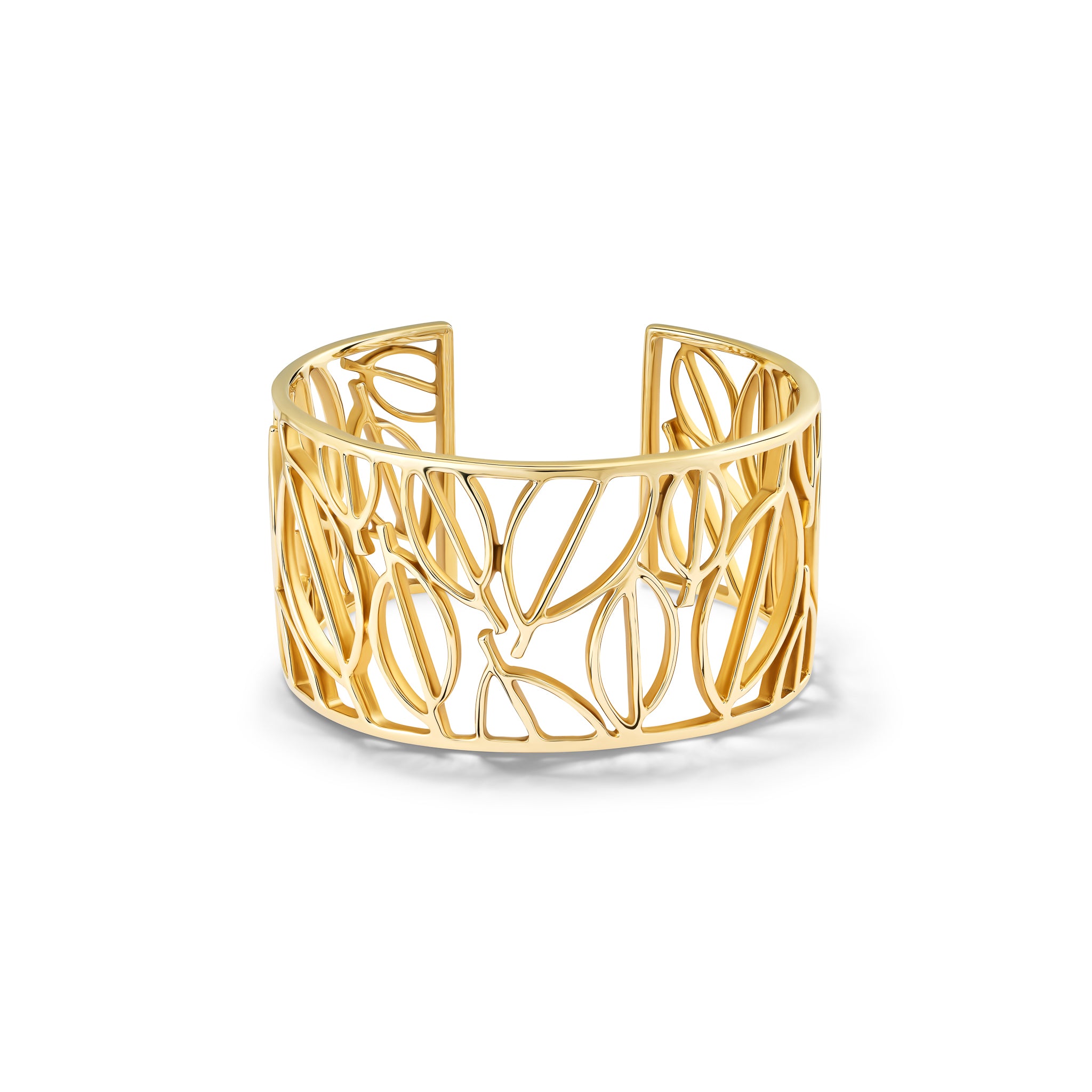 Handcrafted yellow gold cuff bracelet featuring frames of leaves.
