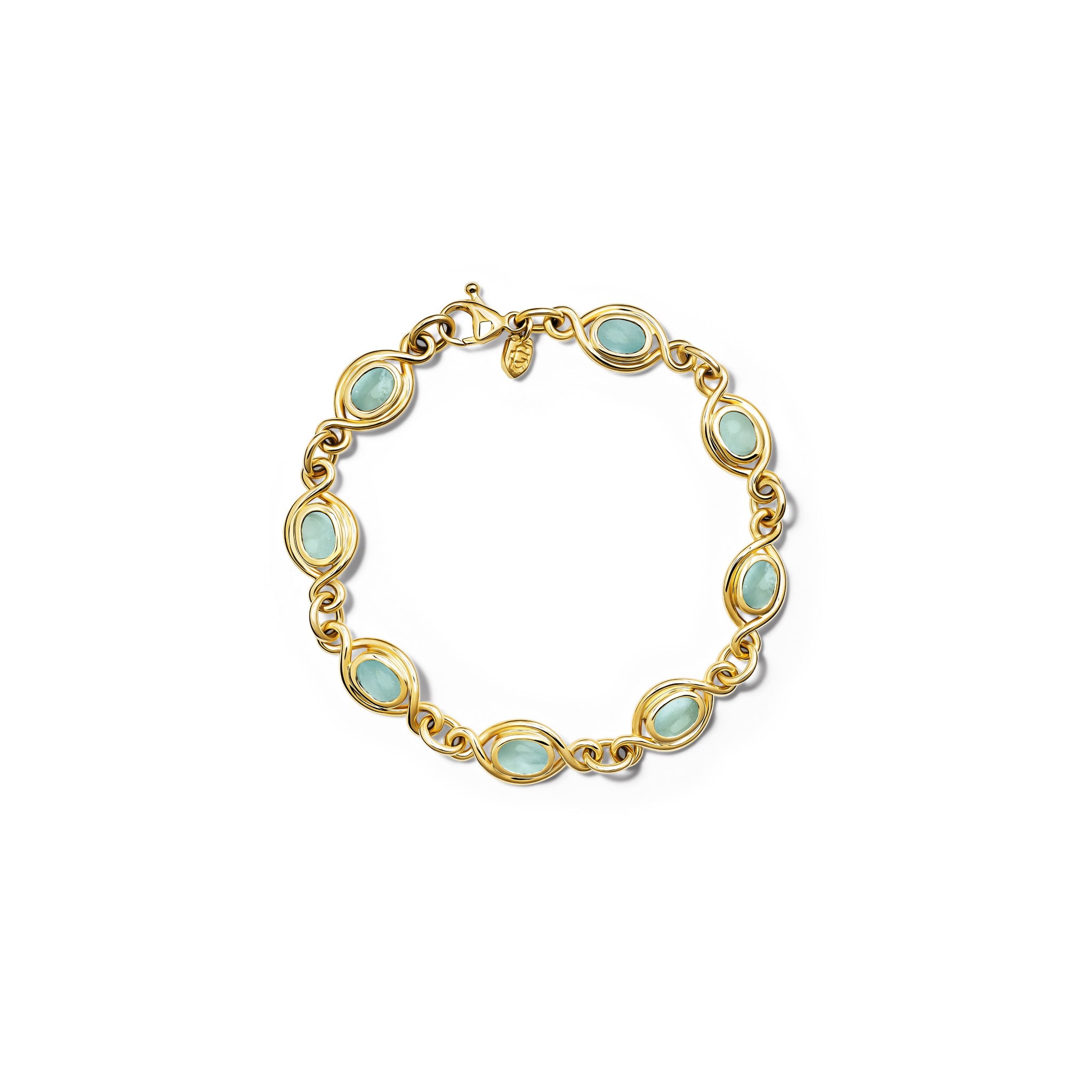 Handcrafted yellow gold bracelet with eight  aquamarine gemstones, birthstone of March.