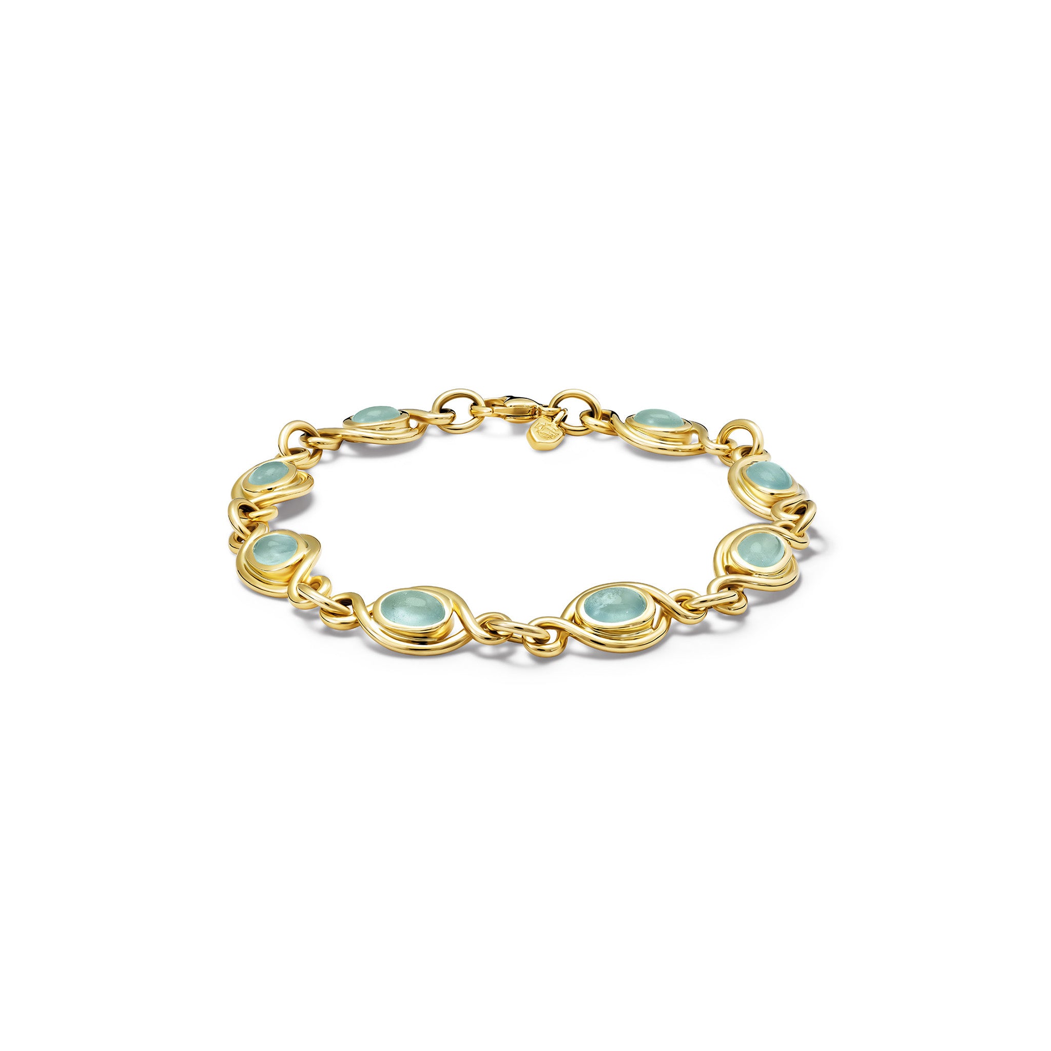 Handcrafted yellow gold bracelet with eight  aquamarine gemstones, birthstone of March.