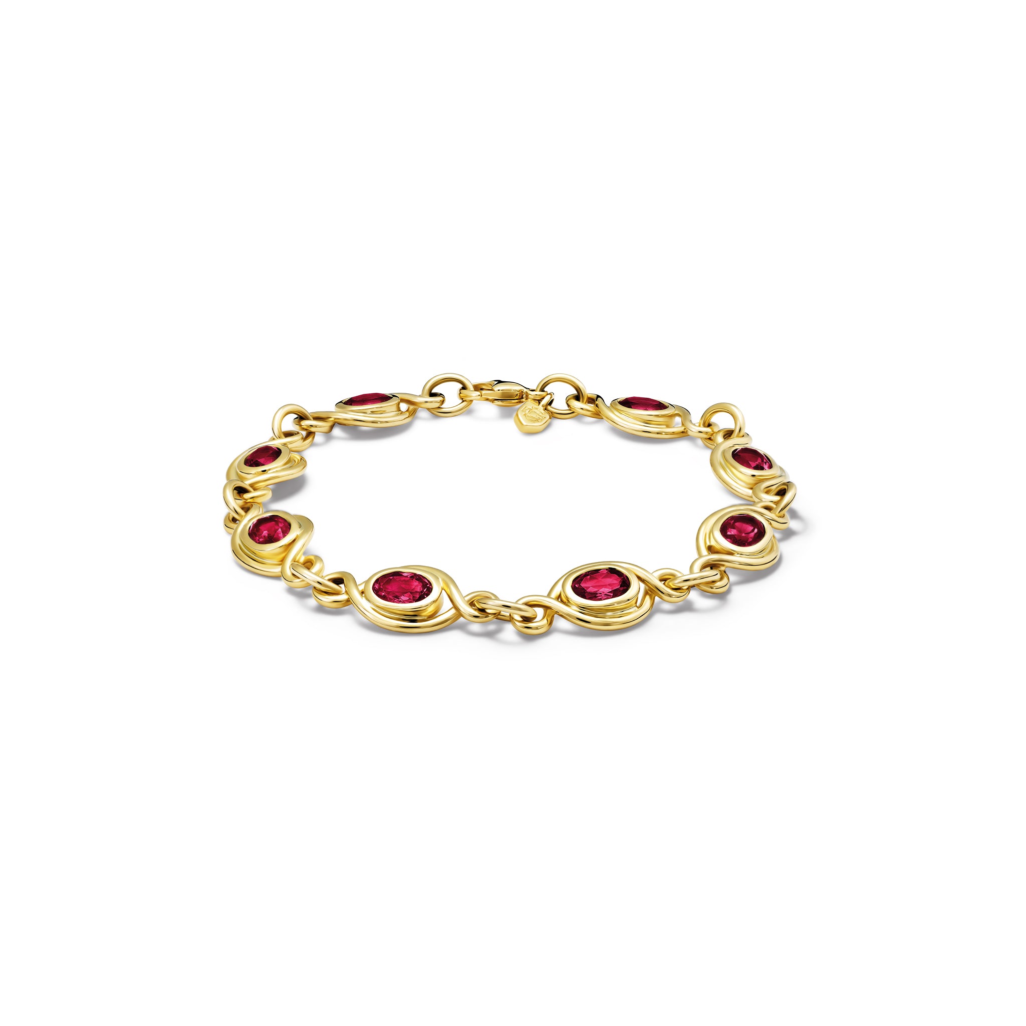 Handcrafted yellow gold bracelet with eight garnet gemstones, birthstone of January.