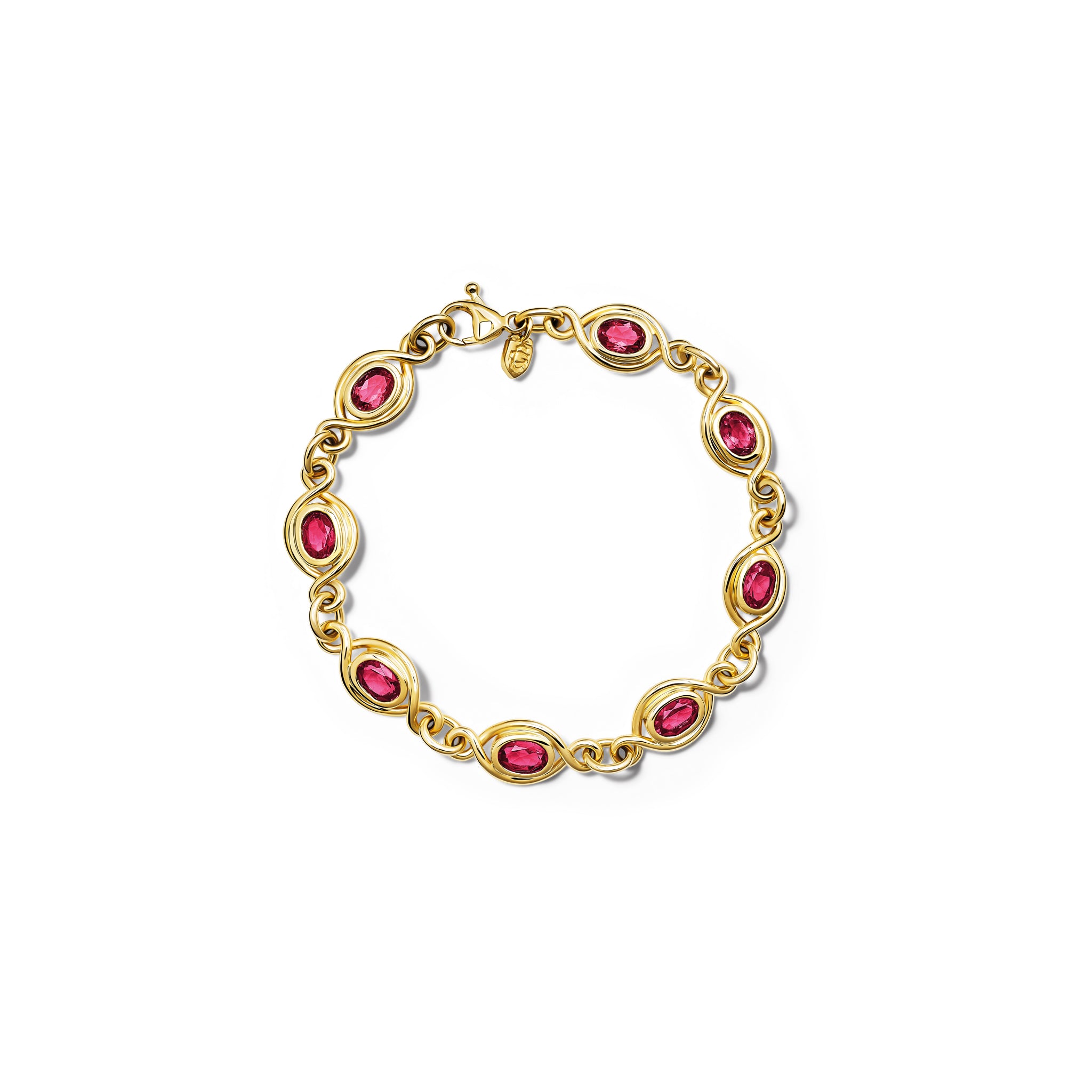 Handcrafted yellow gold bracelet with eight garnet gemstones, birthstone of January.