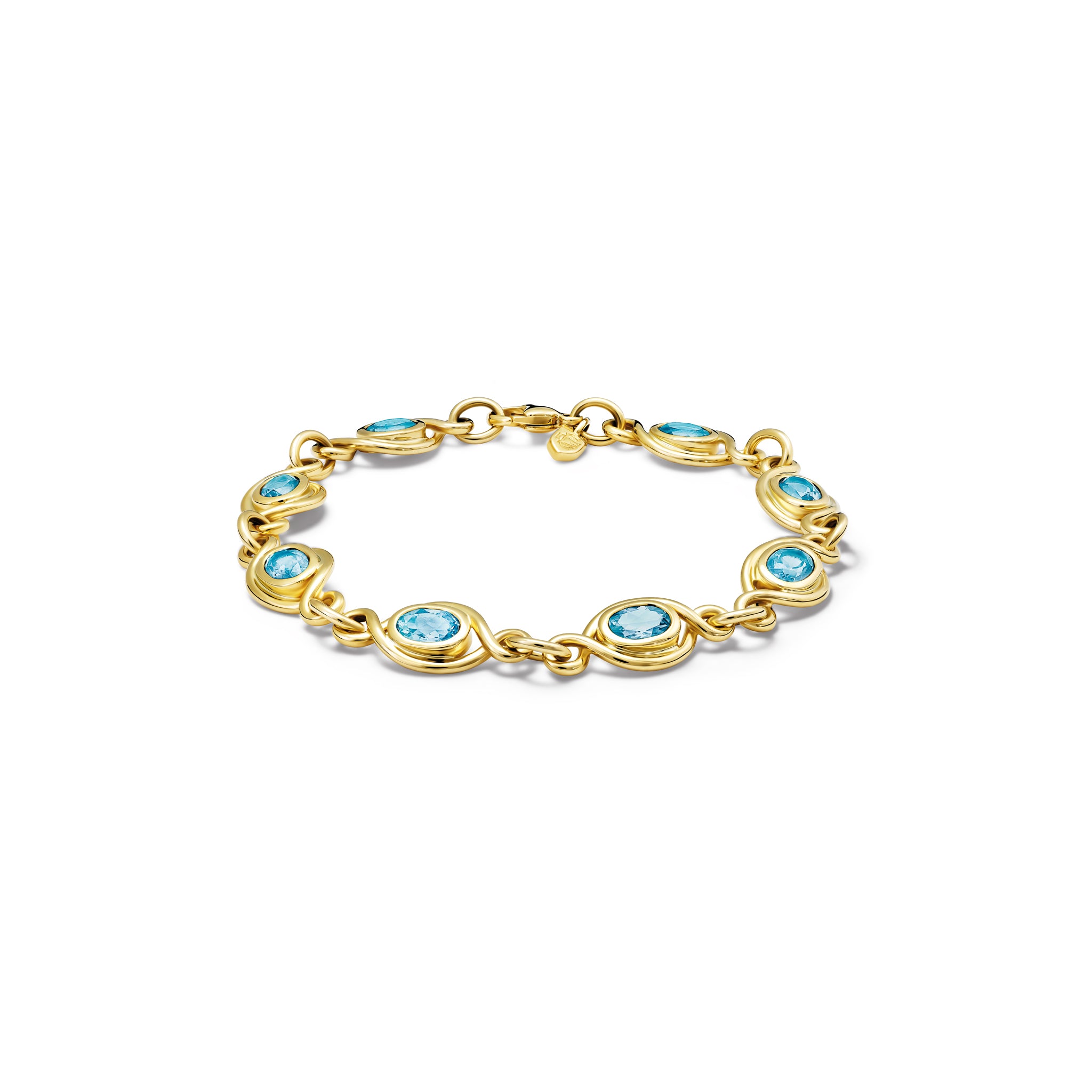 Handcrafted yellow gold bracelet with eight blue topaz gemstones, birthstone of November.