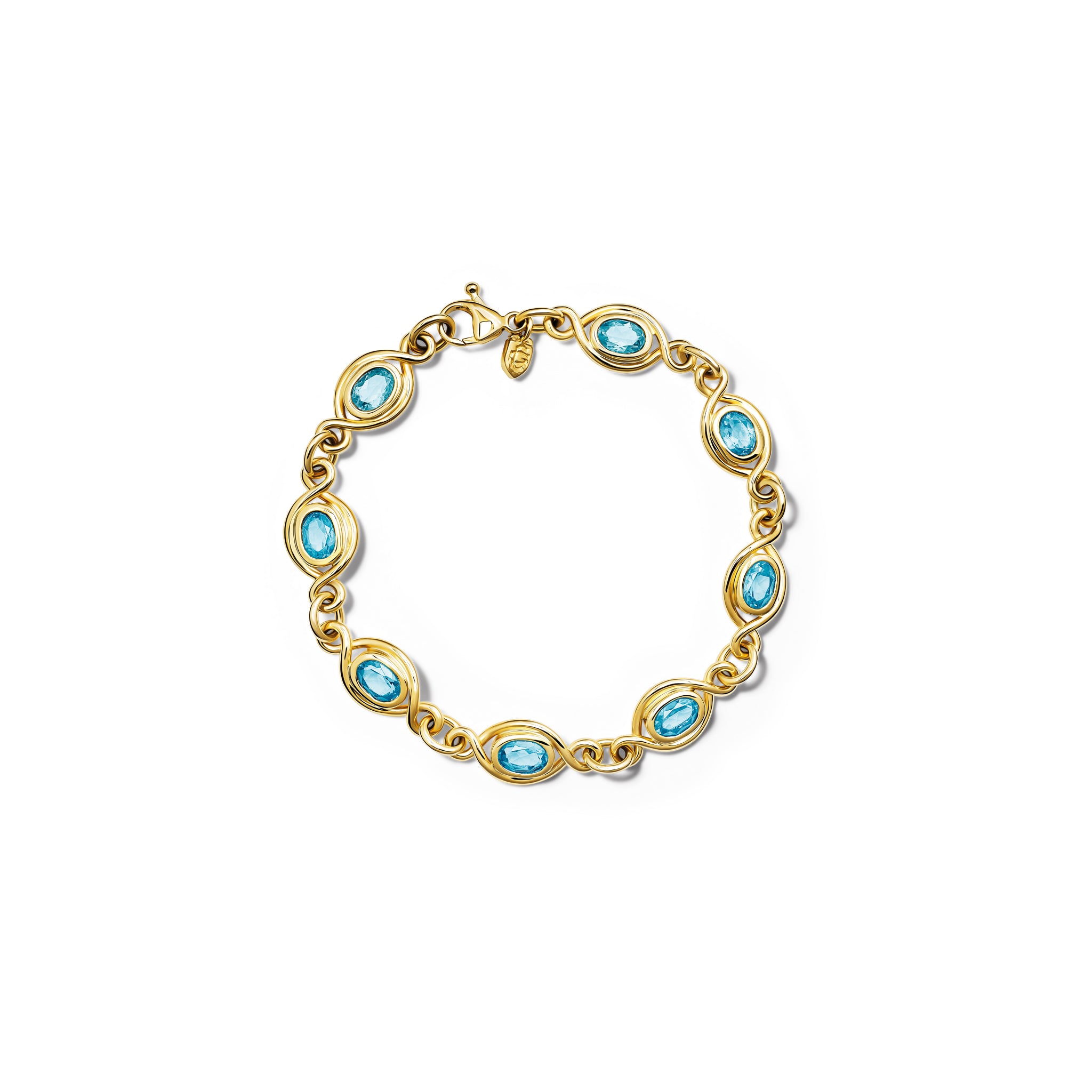 Handcrafted yellow gold bracelet with eight blue topaz gemstones, birthstone of November.