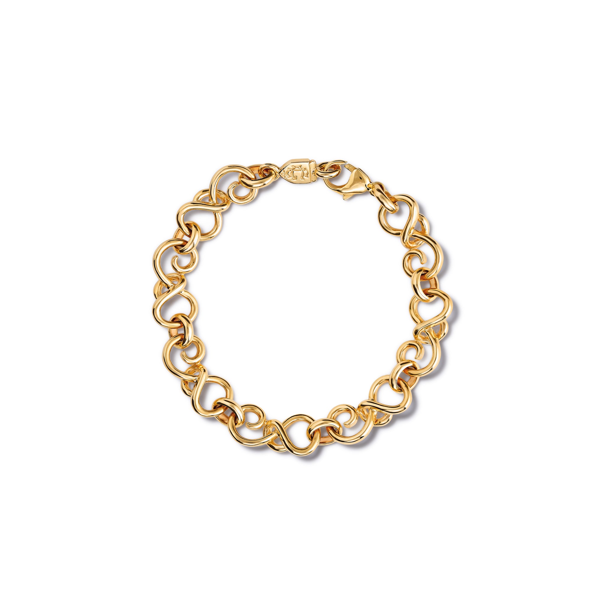 Handcrafted yellow gold bracelet with interlocking golden swirls.