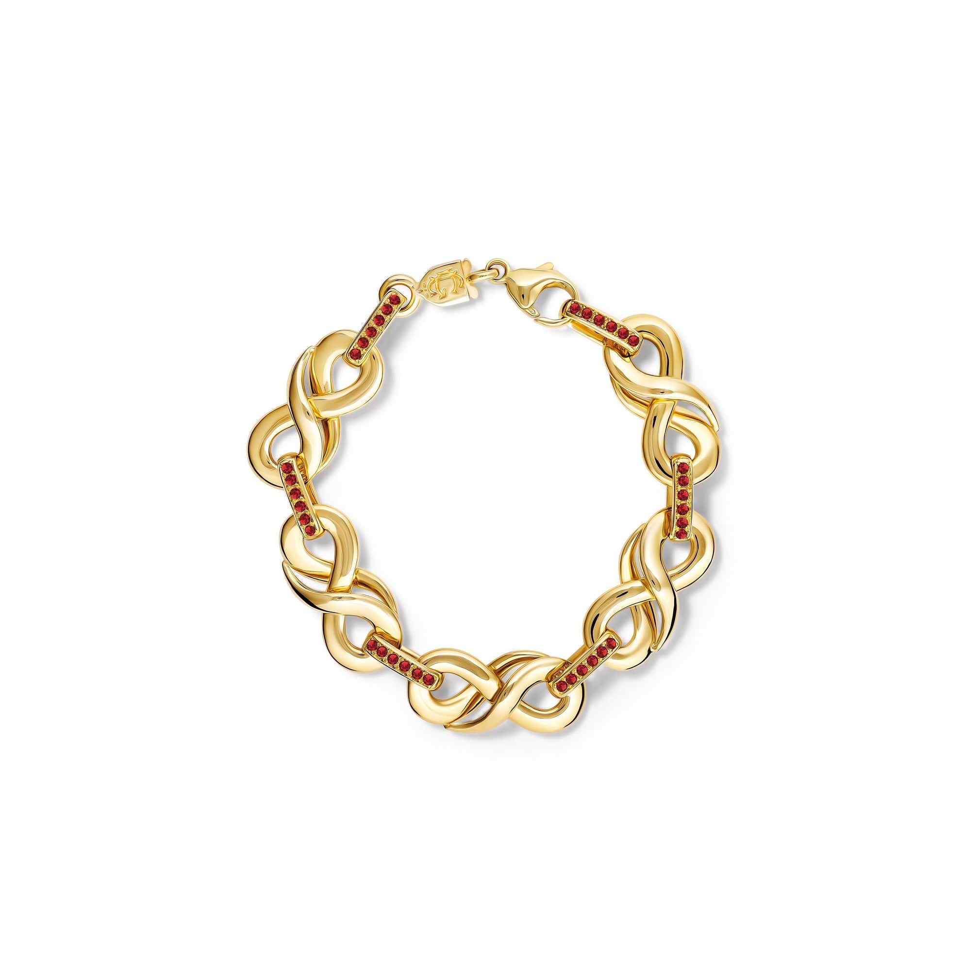 Handcrafted yellow gold bracelet featuring 's' shaped links with rubies and diamonds.
