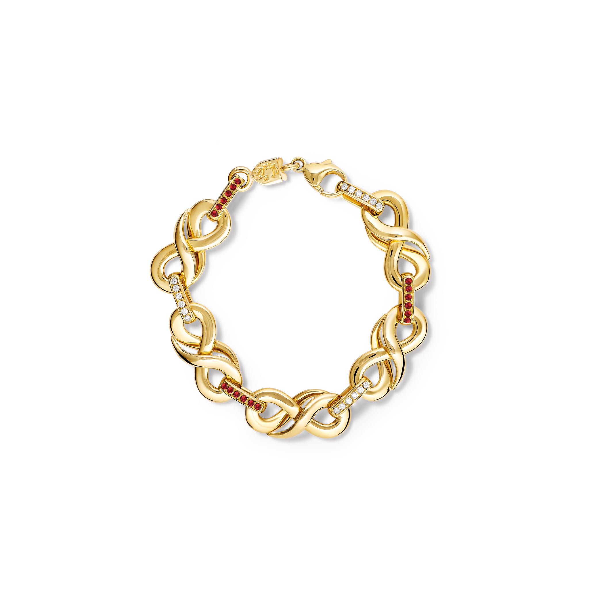 Handcrafted yellow gold bracelet featuring 's' shaped links with rubies and diamonds.
