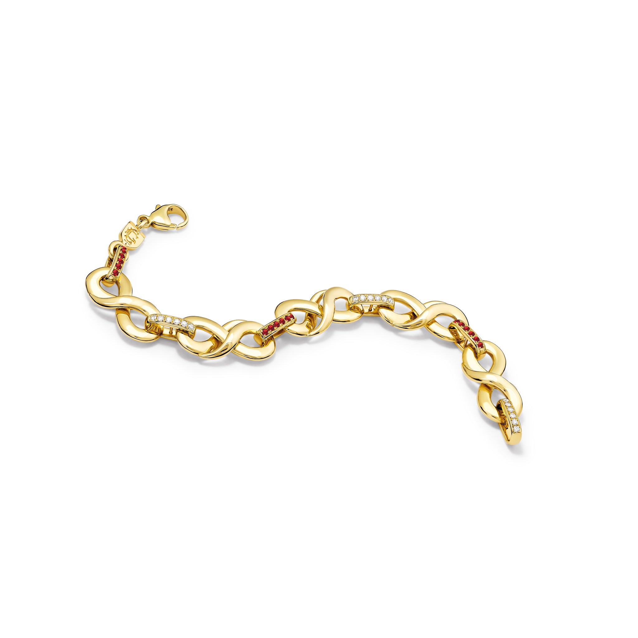 Handcrafted yellow gold bracelet featuring 's' shaped links with rubies and diamonds.
