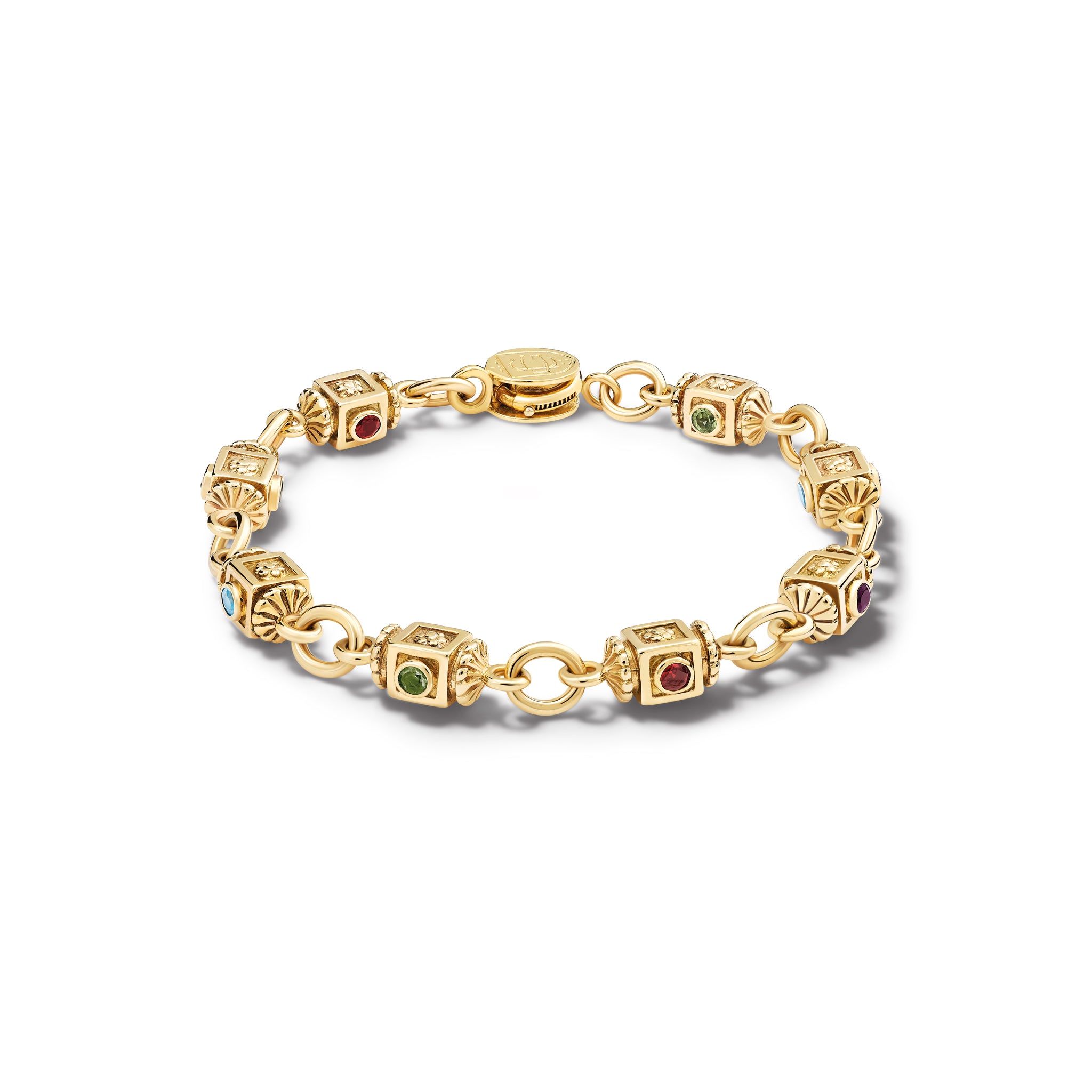 Handcrafted yellow gold bracelet featuring a design of interlocking circles, each connected through intricately detailed set with the precious stones amethyst, peridot, garnet and aquamarine.