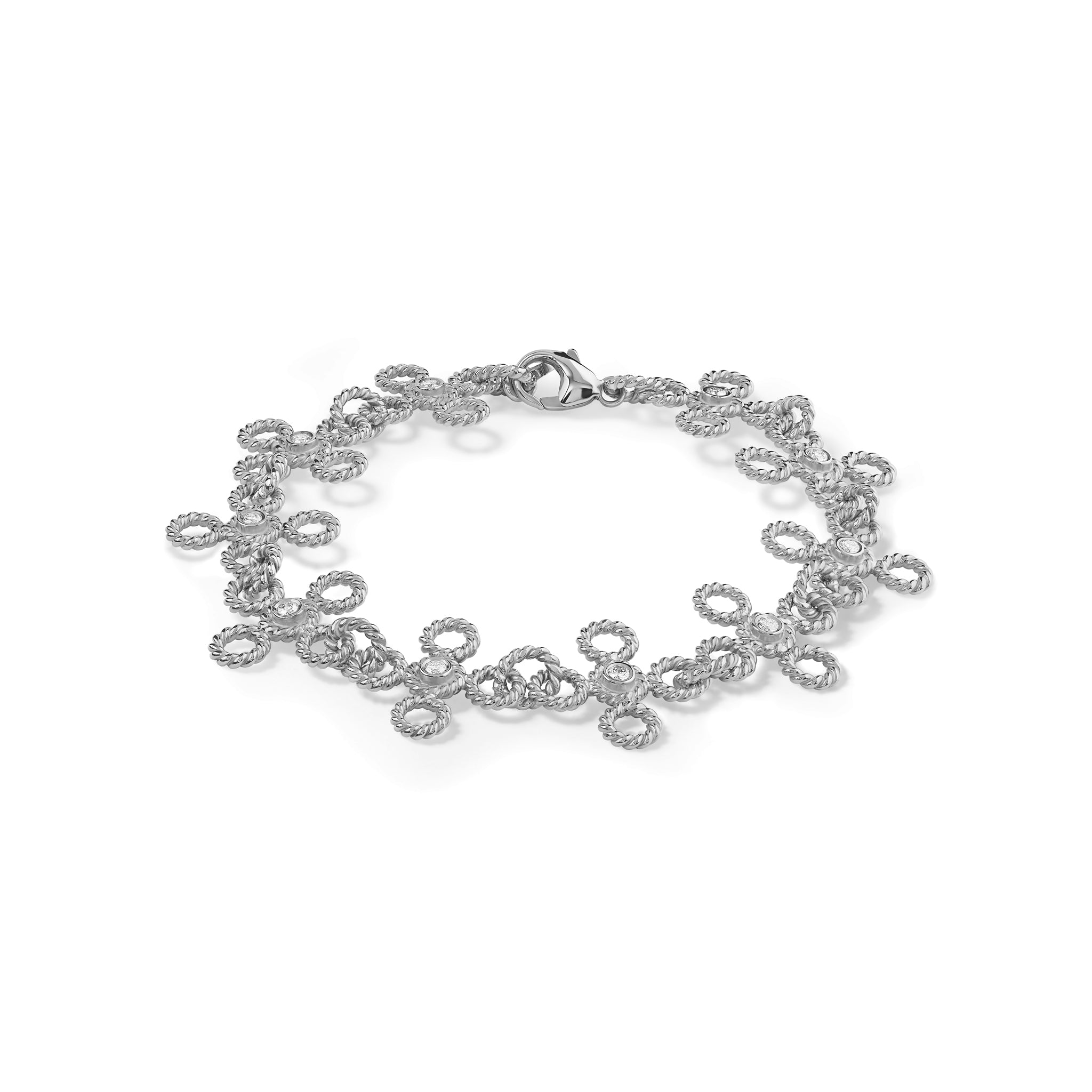 Handcrafted white gold bracelet featuring textured rope-like shapes with diamonds.
