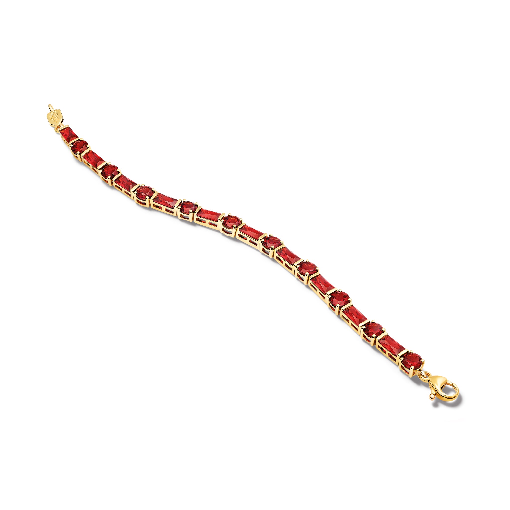 Handcrafted yellow gold bracelet with baguette cut garnet gemstones. 
