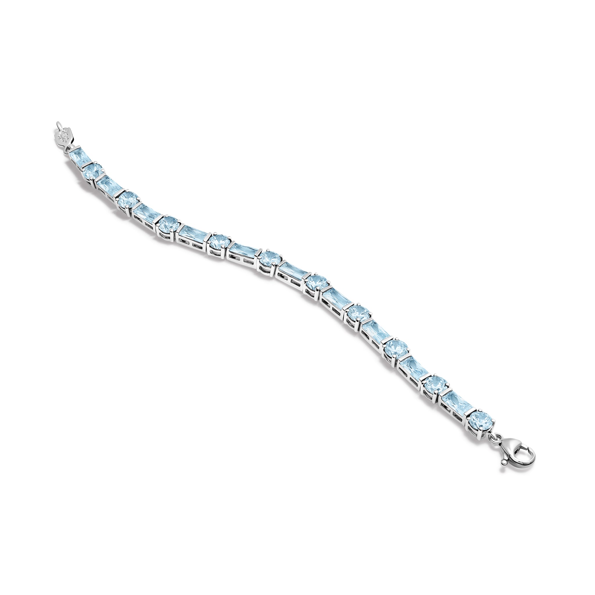 Handcrafted 18ct white gold bracelet with baguette cut blue topaz gemstones. 
