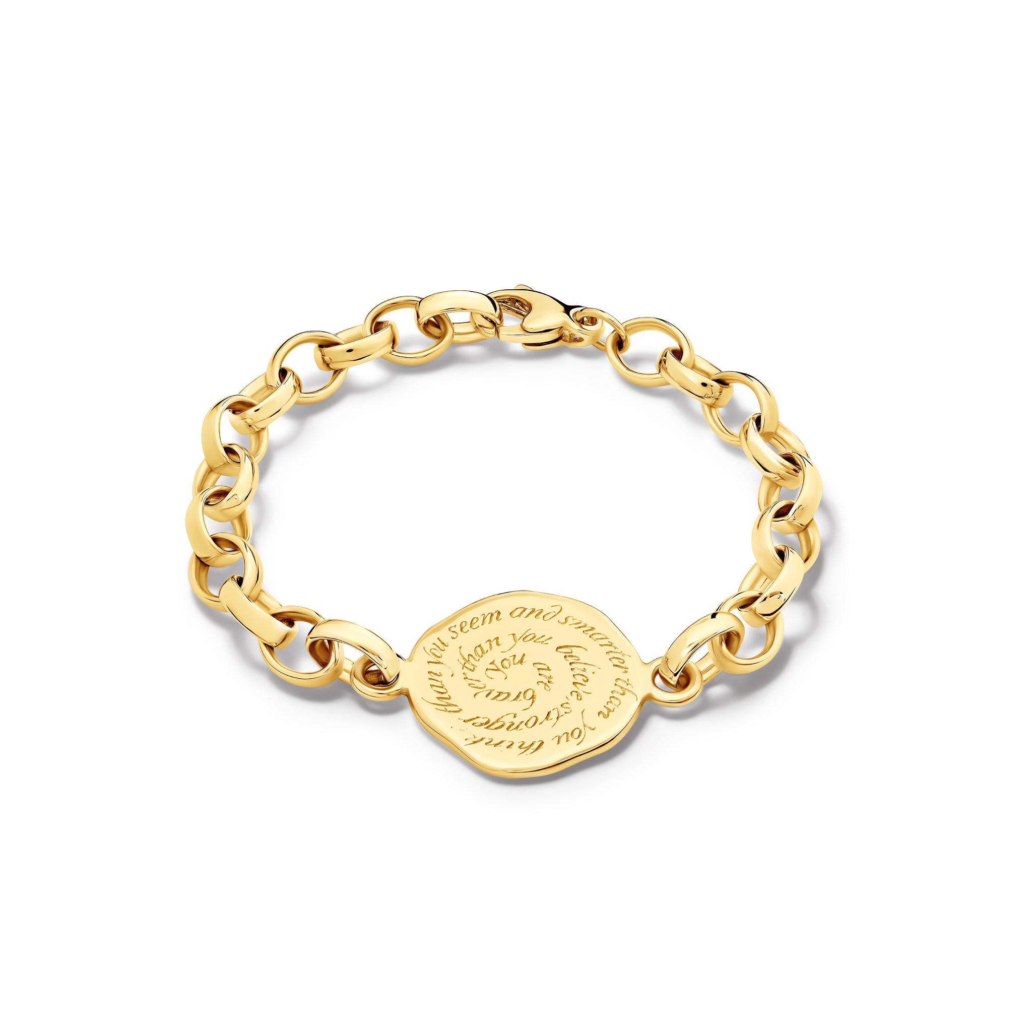 Handcrafted yellow gold link bracelet featuring a round silver pendant engraved with the quote, 'You are braver than you believe, stronger than you seem and smarter than you think.'
