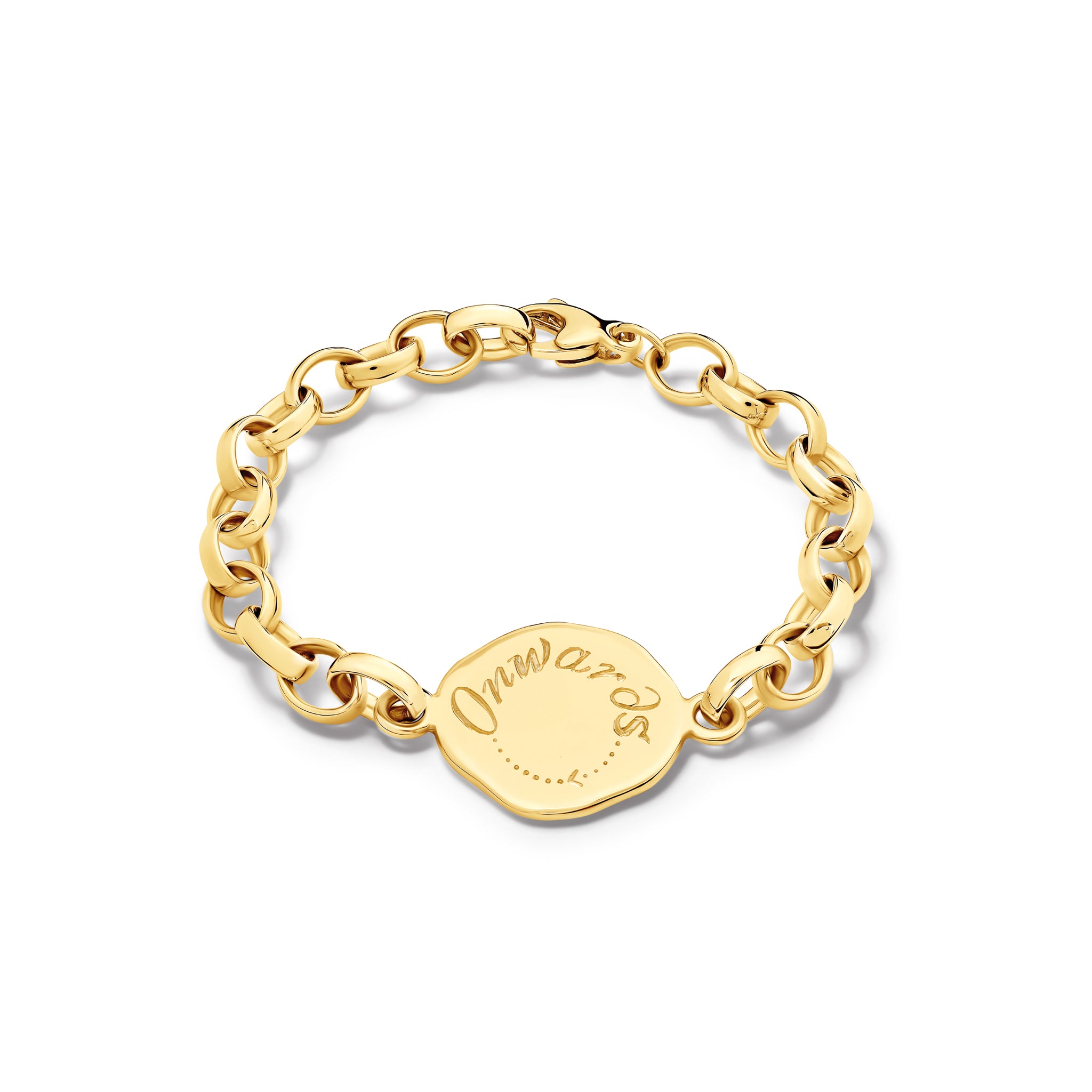 Handcrafted yellow gold link bracelet featuring a pendant engraved with the quote, 'Onwards.'