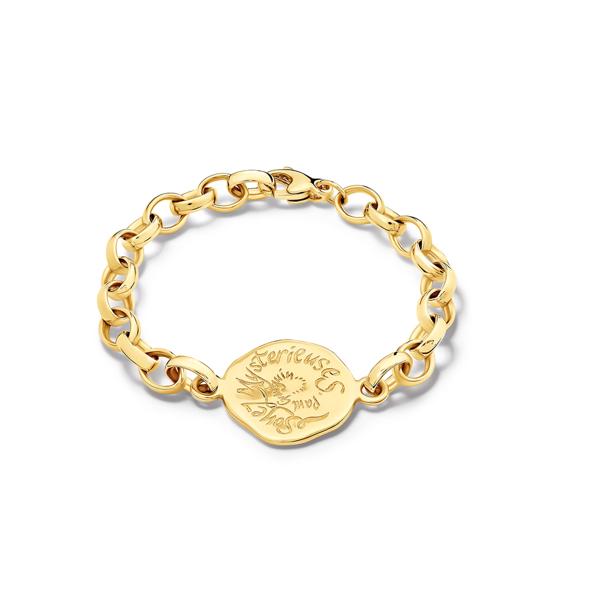 Handcrafted yellow gold link bracelet featuring a pendant engraved with the quote, 'Soyez Mystérieuses.'
