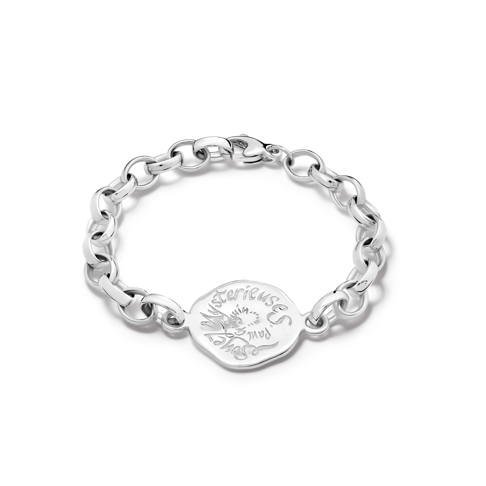 Handcrafted sterling silver link bracelet featuring a pendant engraved with the quote, 'Soyez Mystérieuses.'
