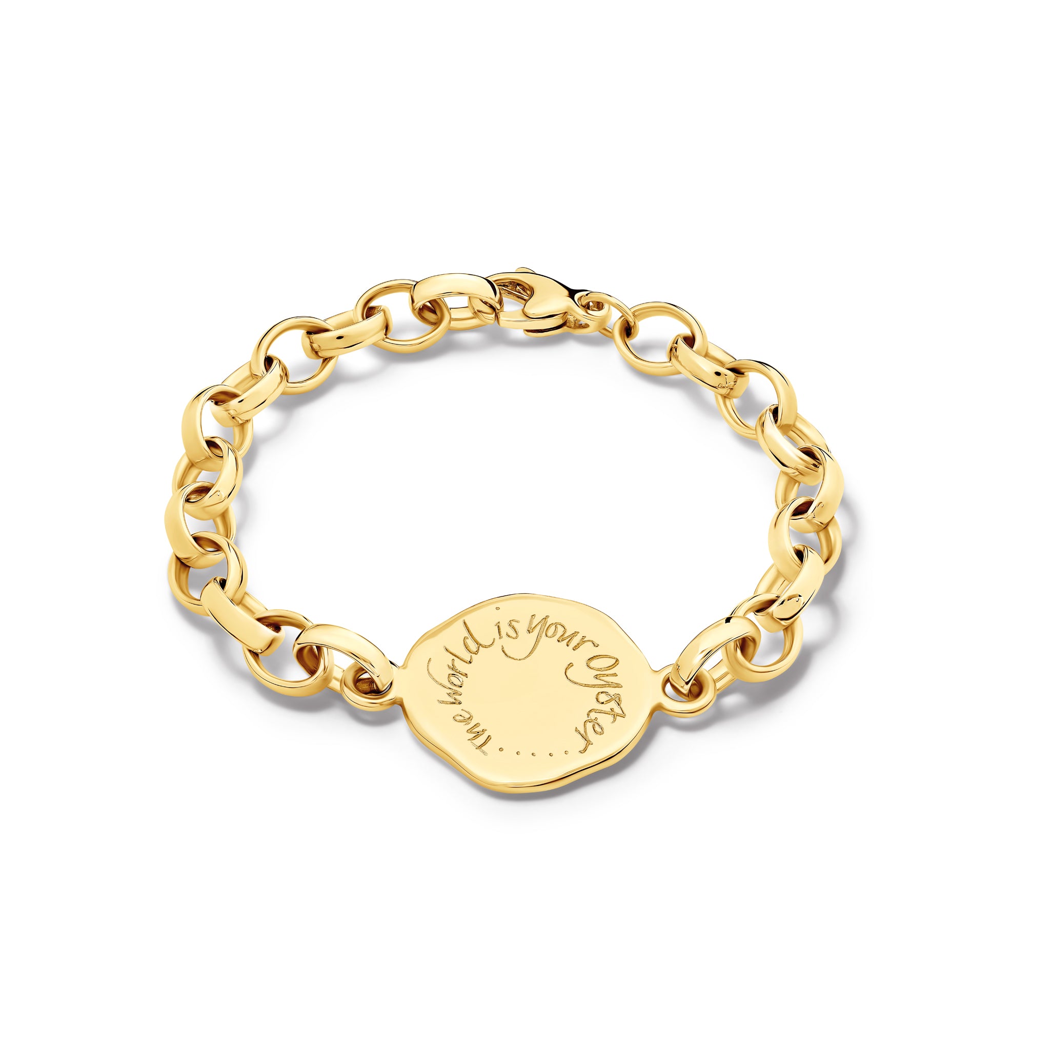 Handcrafted yellow gold link bracelet featuring a round silver pendant engraved with the quote 'The world is your oyster.'
