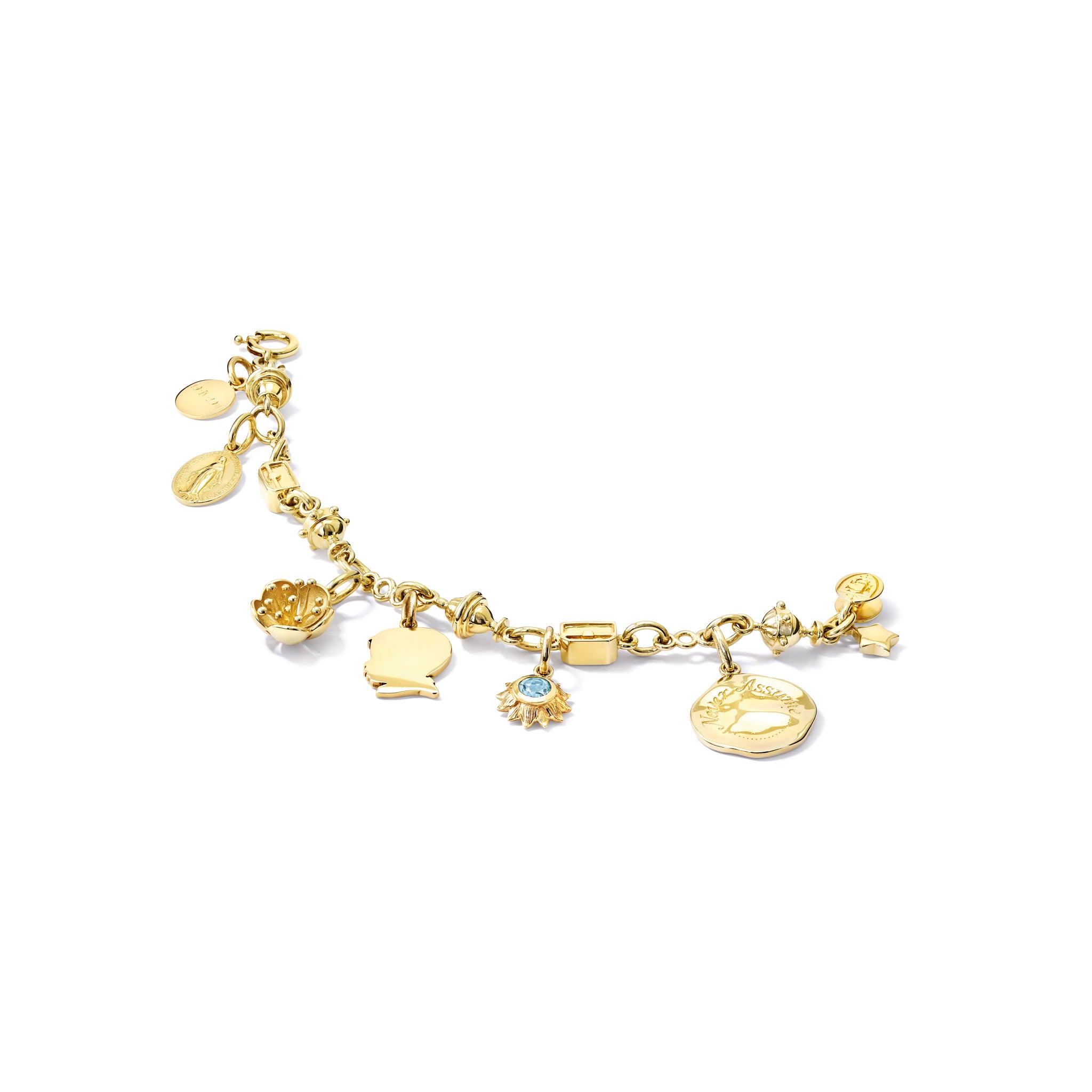 Handcrafted yellow gold charm bracelet featuring Three Kings charms.