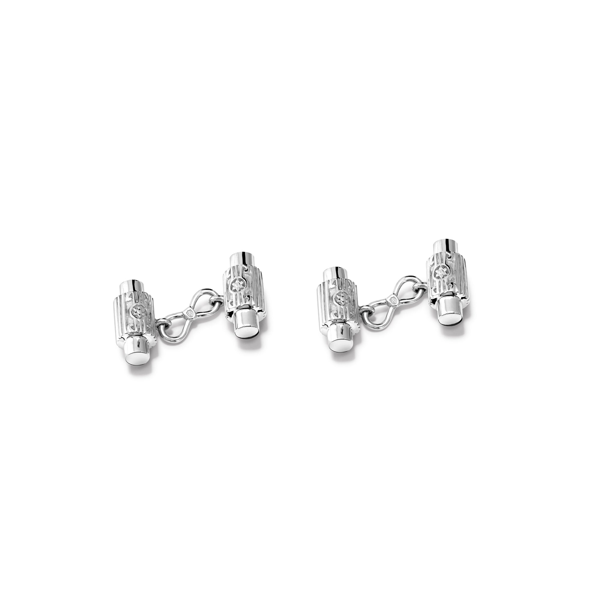 Handcrafted sterling silver double ended cufflinks featuring a textured column shape.
