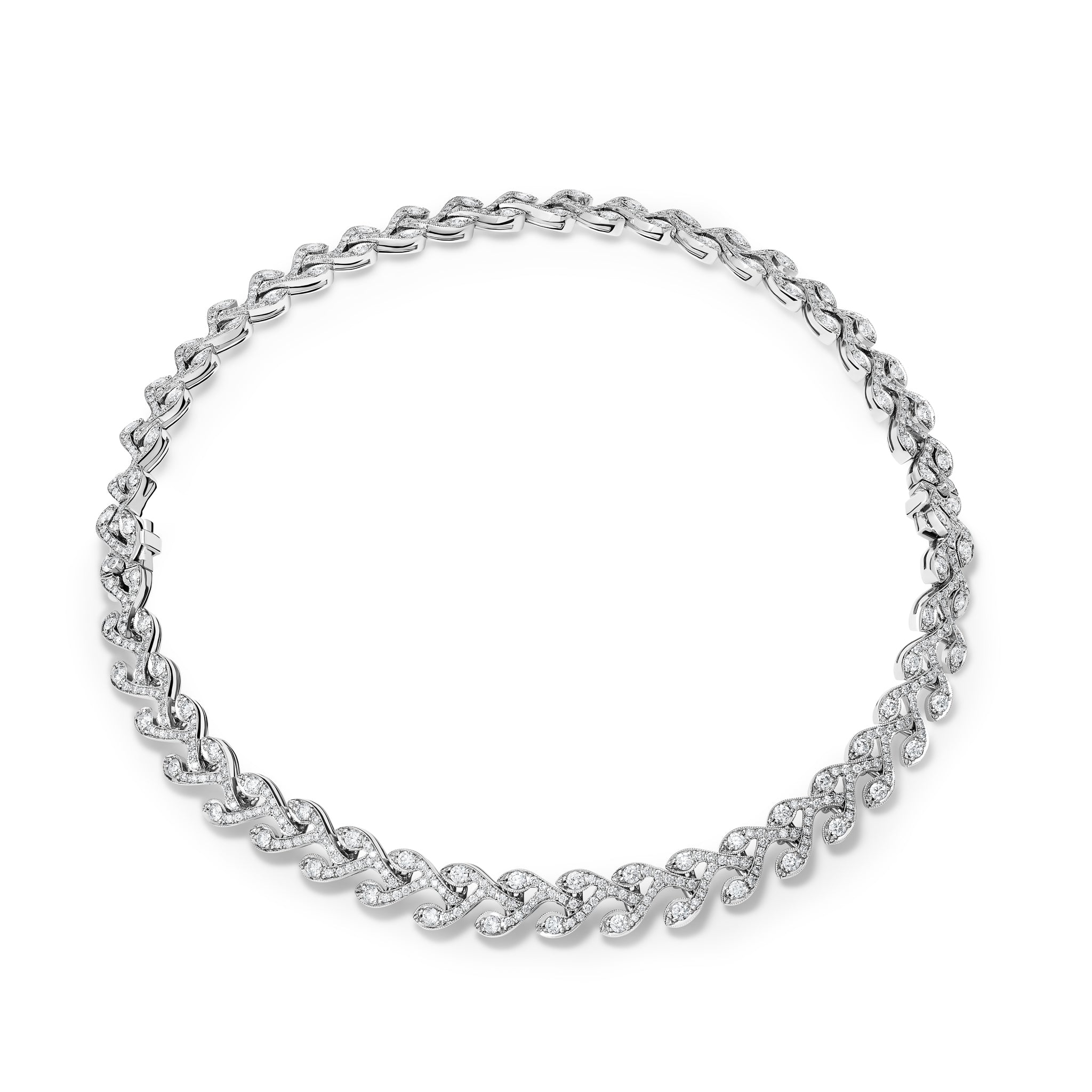 Handcrafted 18ct white gold necklace featuring a rosemary shape with diamonds.
