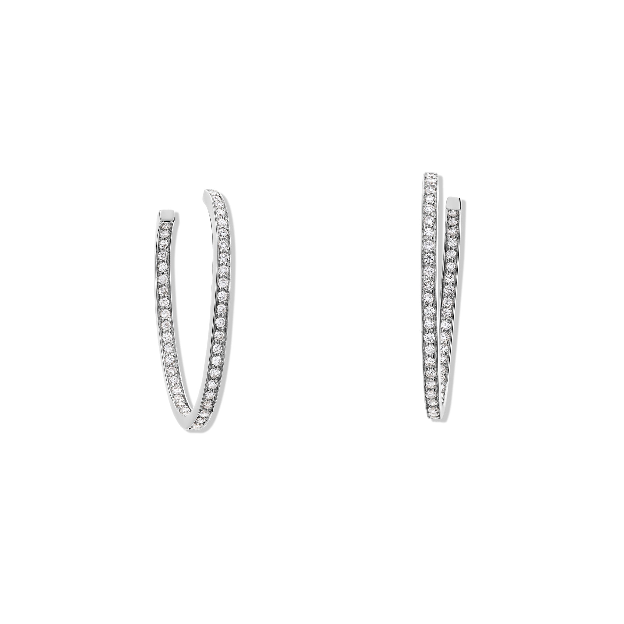 Handcrafted 18ct white gold oval hoop earrings with diamonds.
