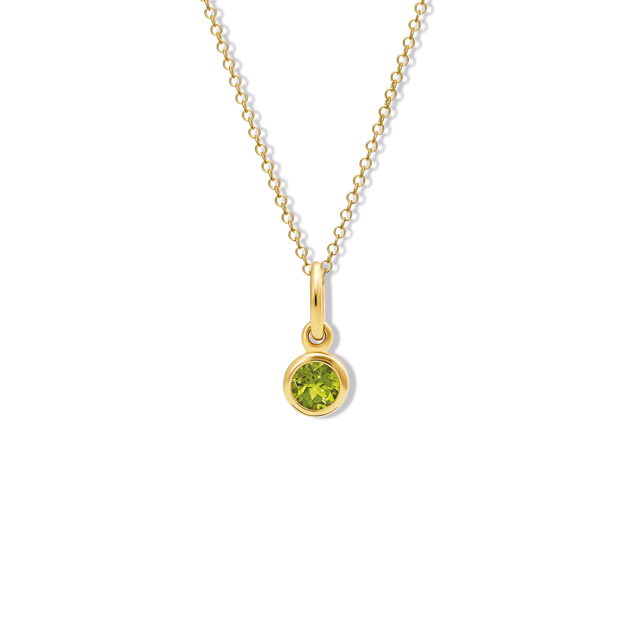 Handcrafted necklace pendant in yellow gold featuring a round peridot drop, birthstone of August.