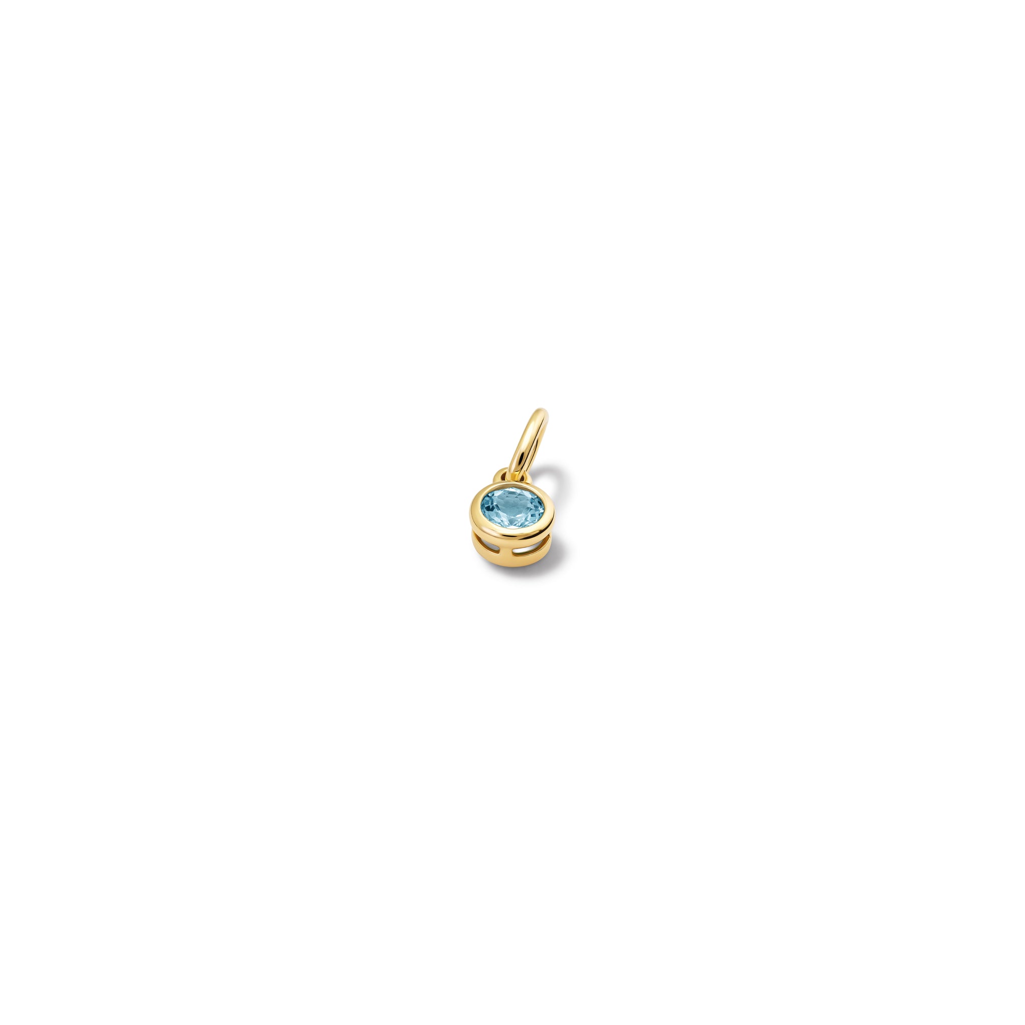 Handcrafted necklace pendant in yellow gold featuring a round aquamarine drop, birthstone of March.