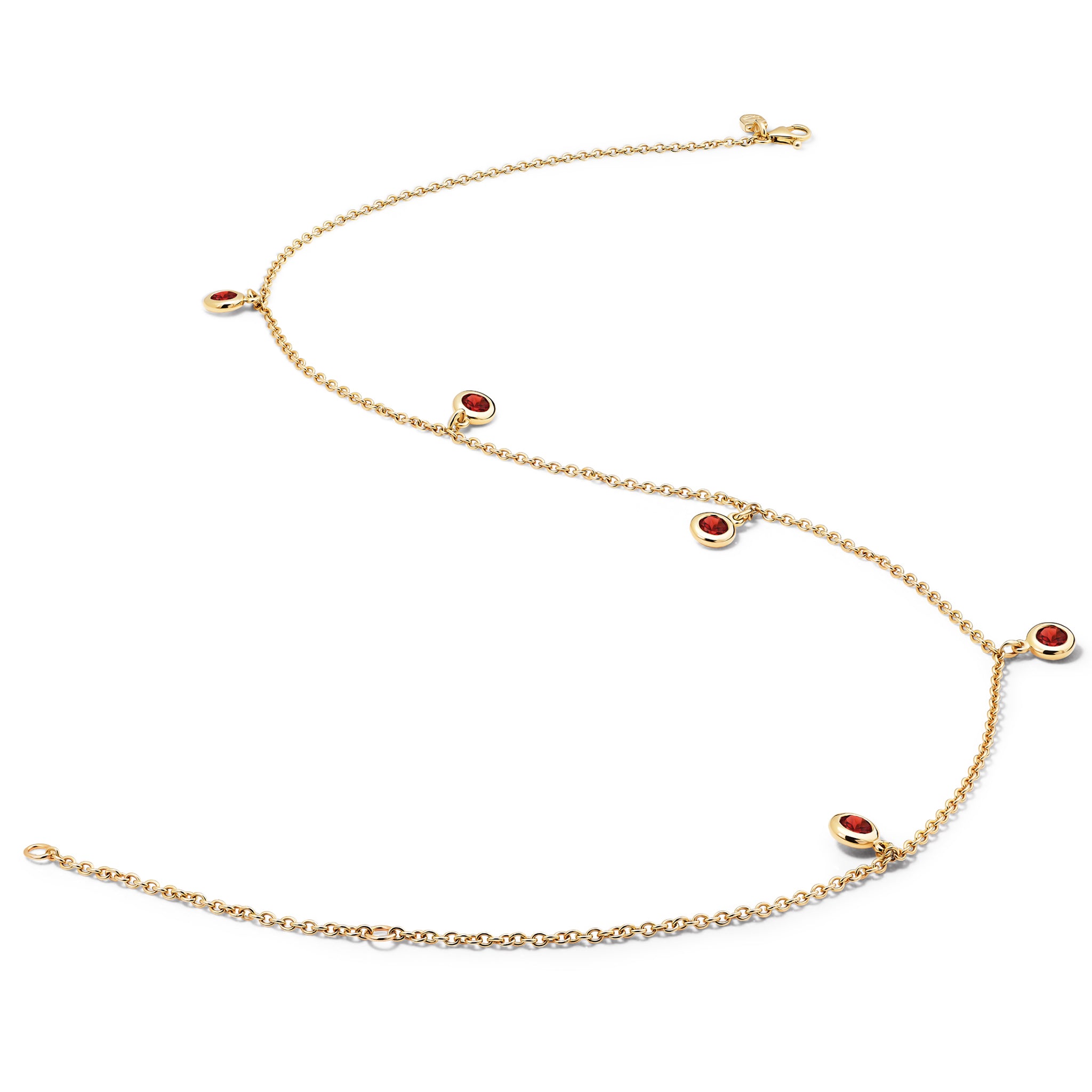 Handcrafted yellow gold necklace with five round garnet drops, birthstone of November.