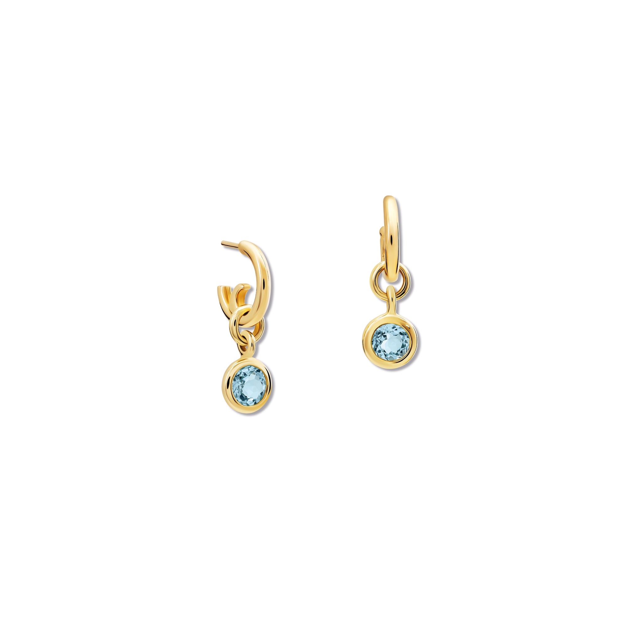 Handcrafted round yellow gold earring drops with blue topaz, birthstone of November.