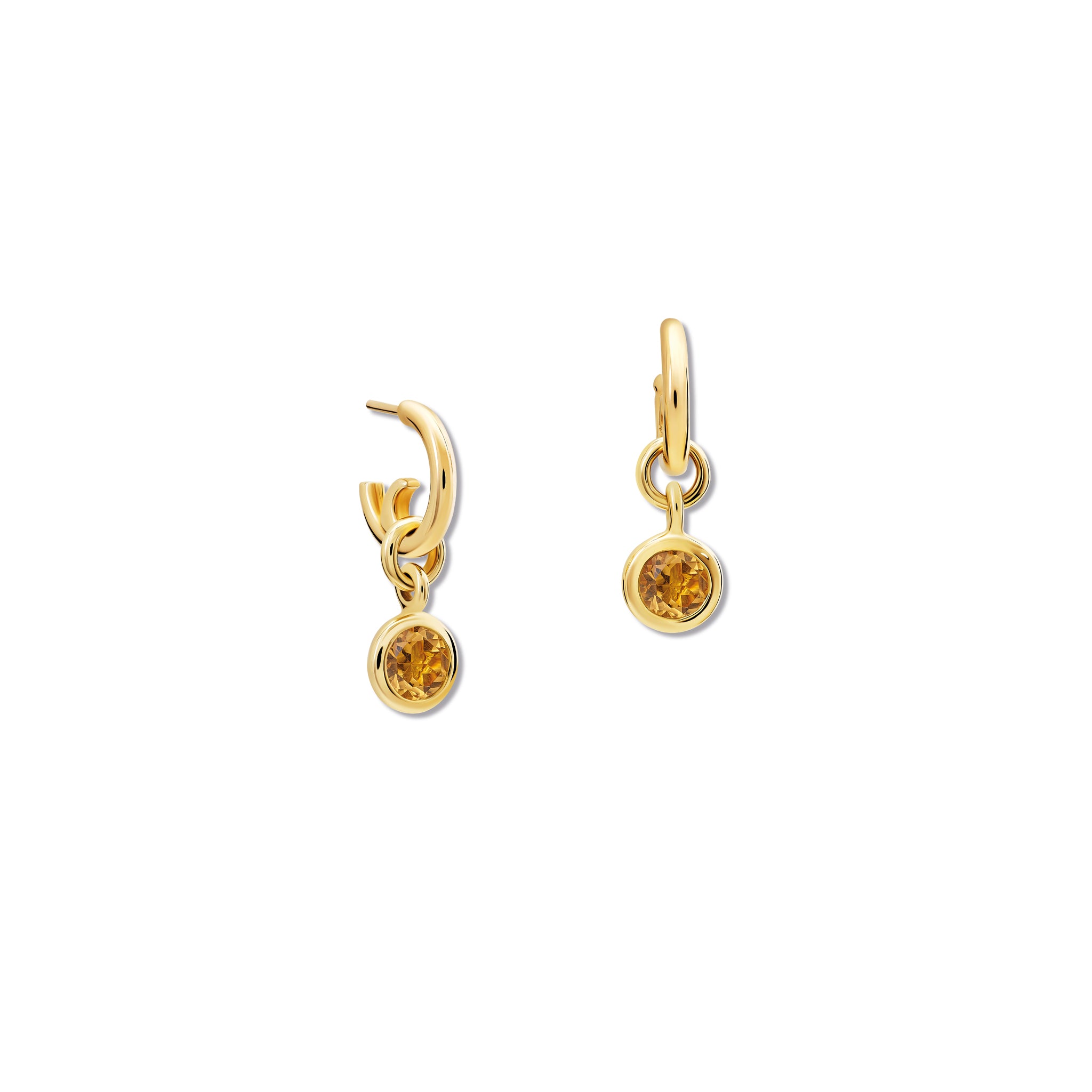 Handcrafted round yellow gold earring drops with citrine, birthstone of November.