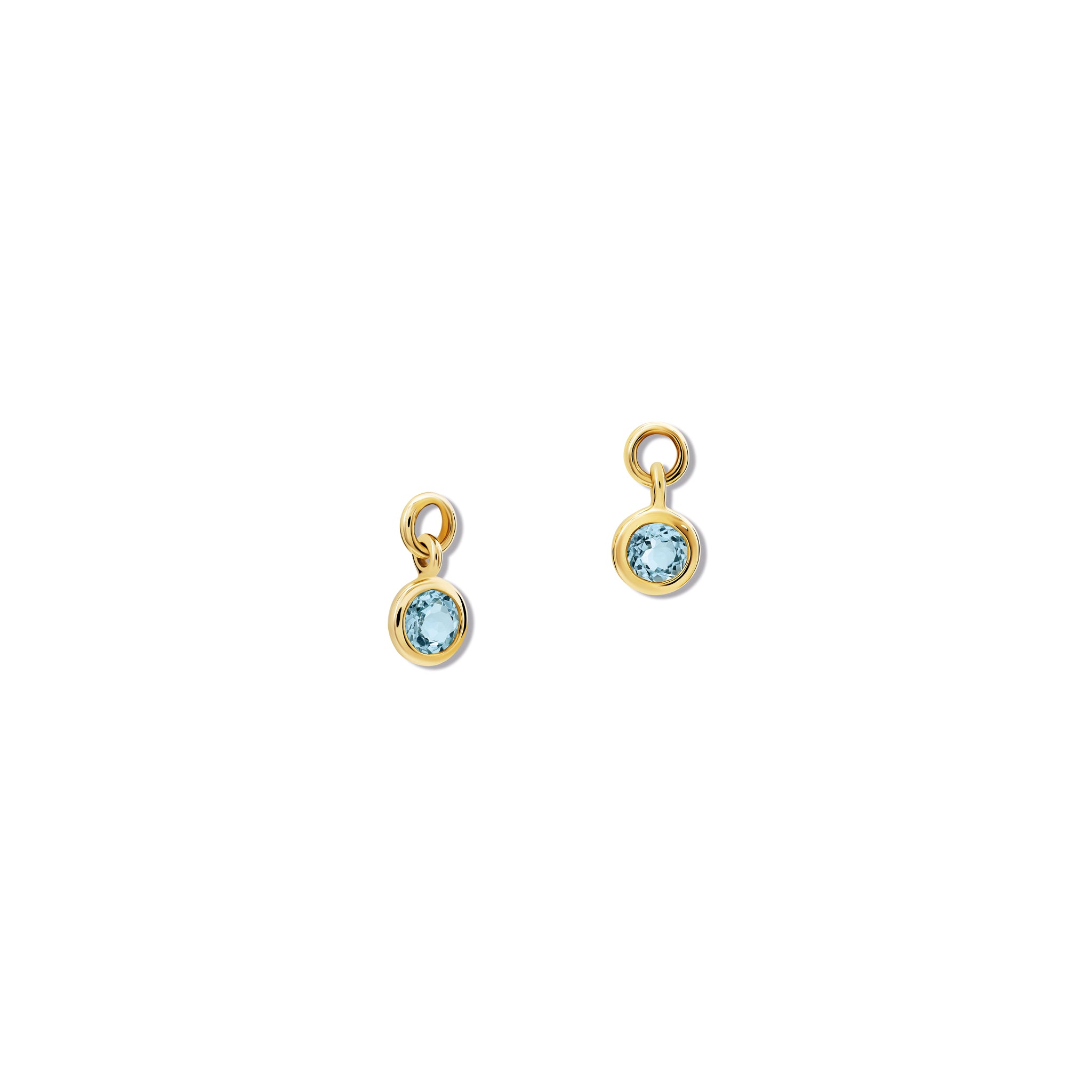 Handcrafted round yellow gold earring drops with blue topaz, birthstone of November.