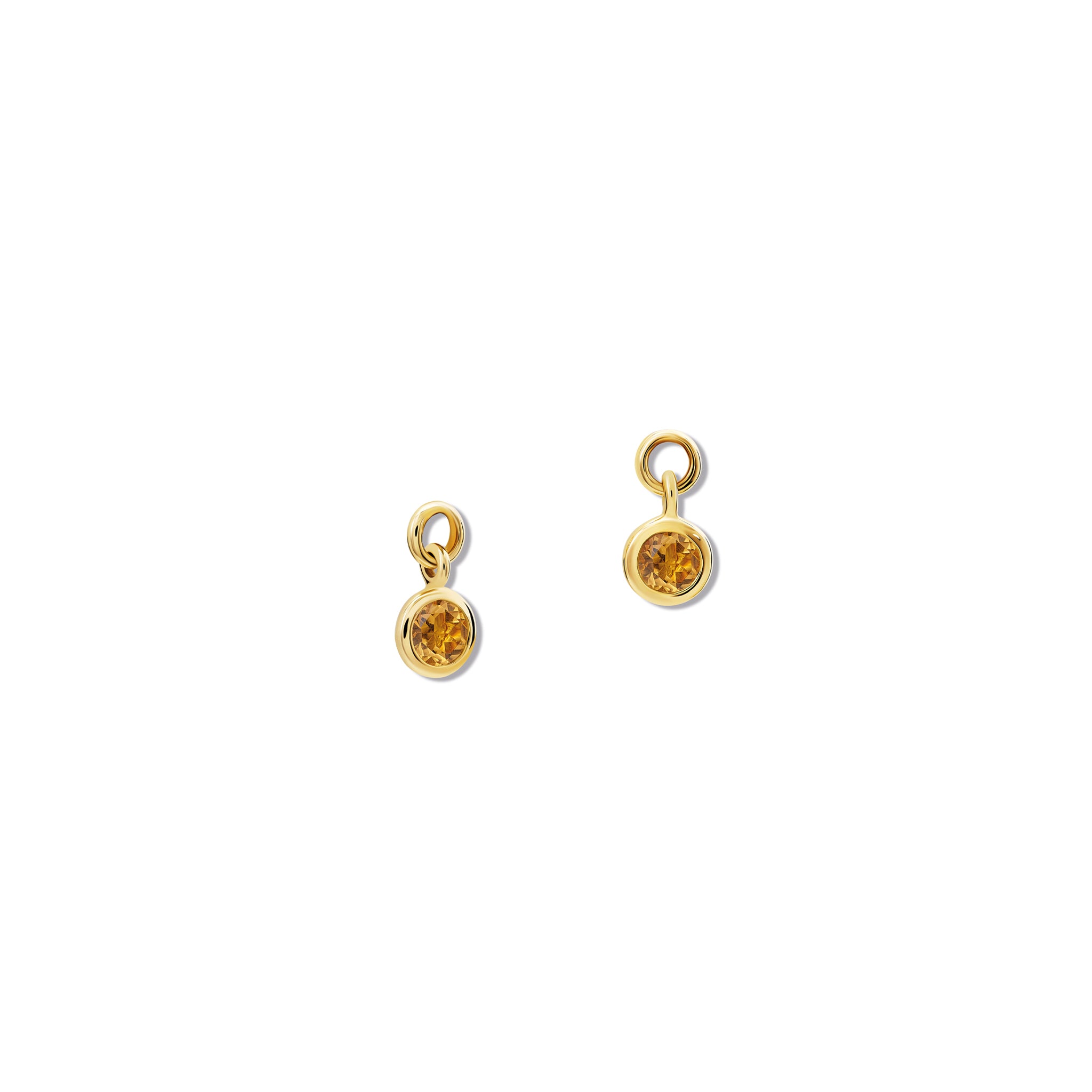 Handcrafted round yellow gold earring drops with citrine, birthstone of November.