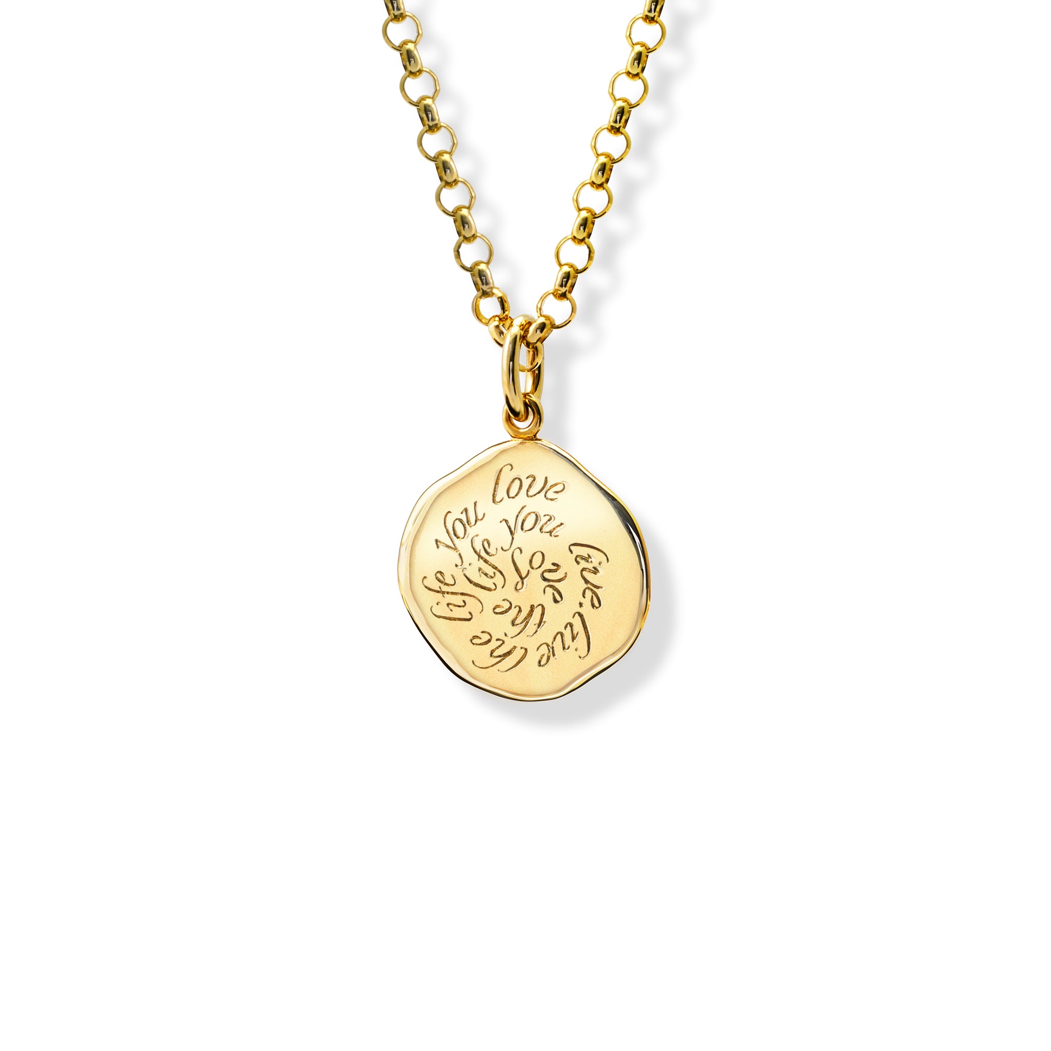 Handcrafted yellow gold necklace pendant engraved with the quote, 'Live as if you were to die tomorrow. Learn as if you were to live forever.'