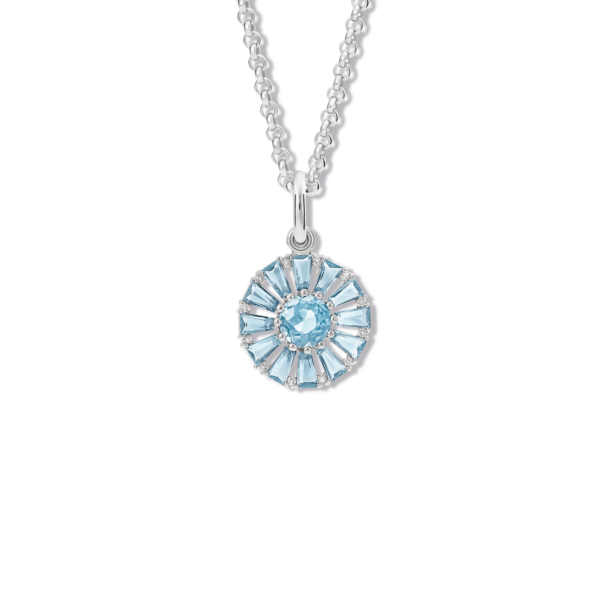 Handcrafted white gold necklace pendant featuring a circular arrangement of blue topaz and diamond, birthstone of November.