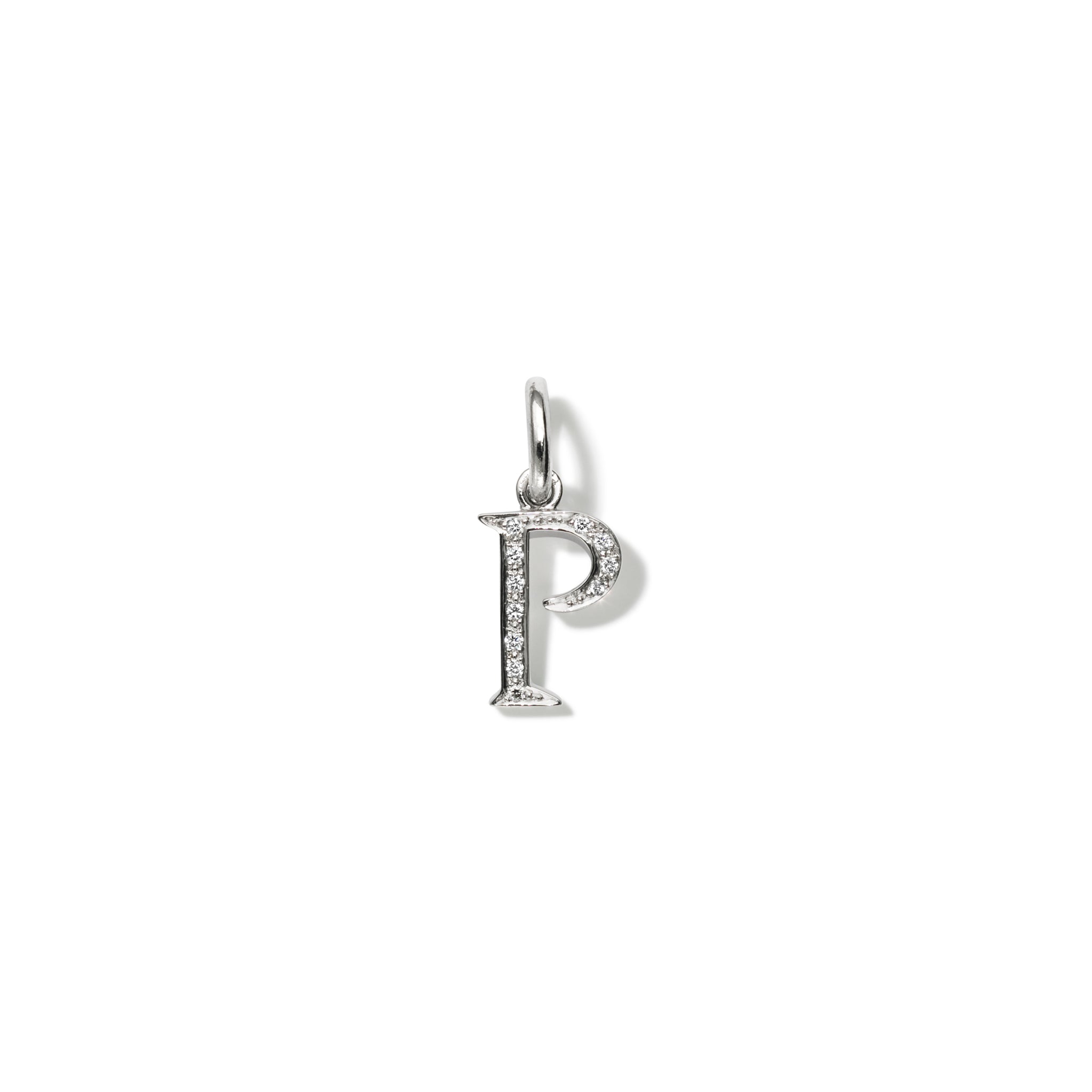 Handcrafted 18ct white gold initial P necklace pendant set with diamond pavé, with a loop at the top for chain attachment.