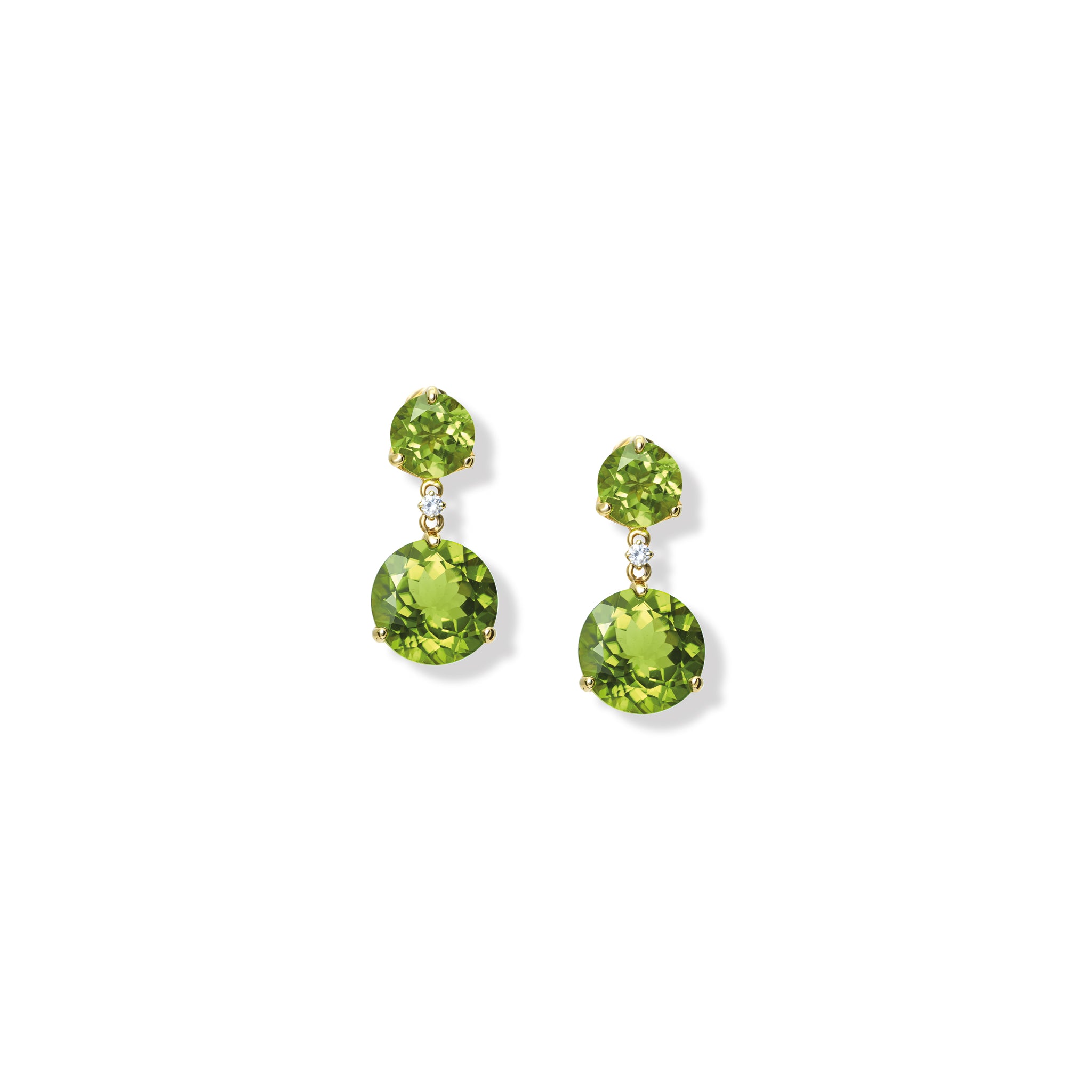 Handcrafted yellow gold earrings featuring circular peridot gemstones and diamonds.
