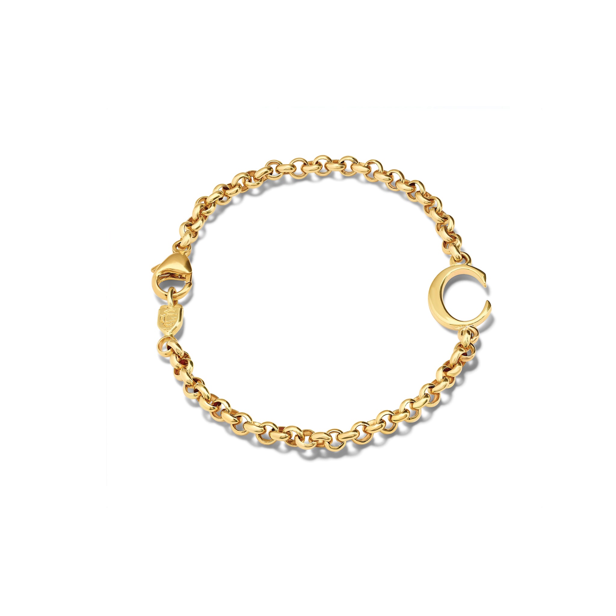 Handcrafted yellow gold bracelet with a central yellow gold letter accent.