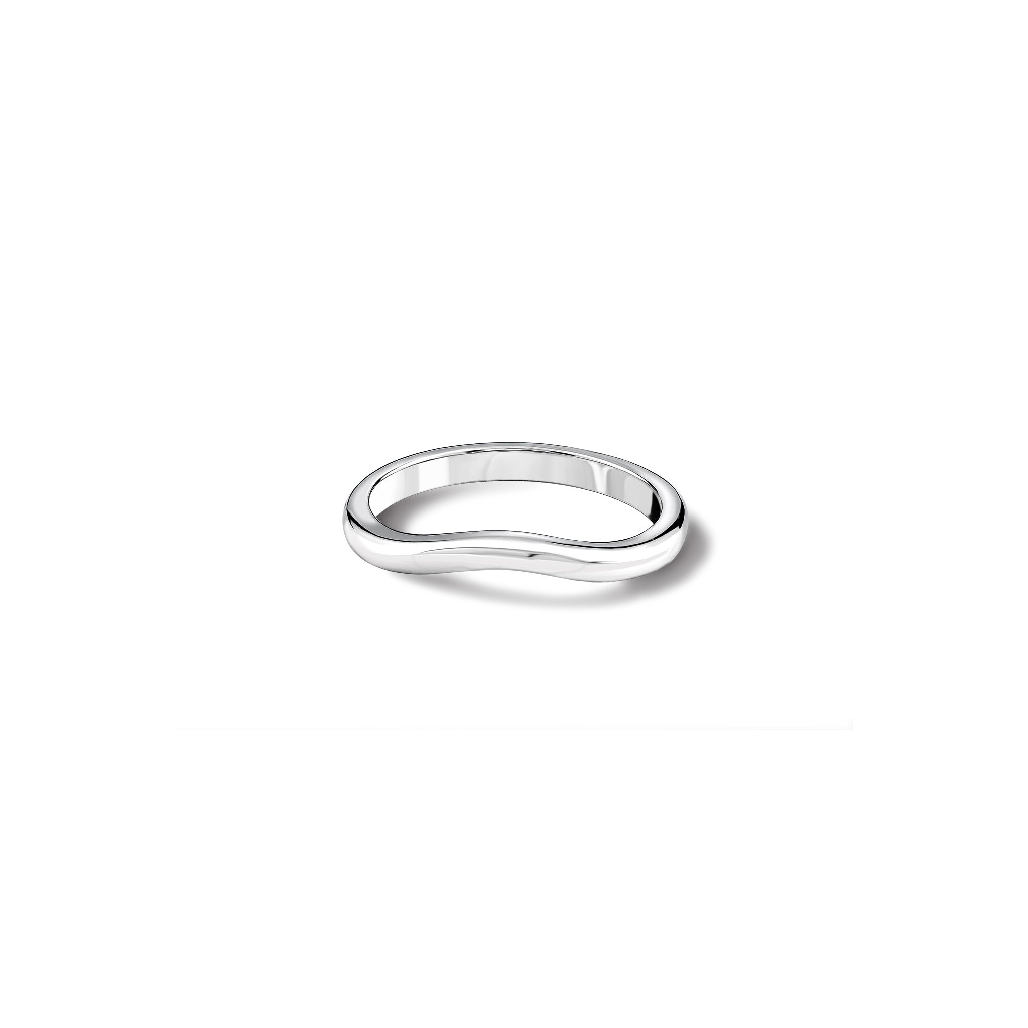 Handcrafted 18ct white gold wedding band with a slight bend.