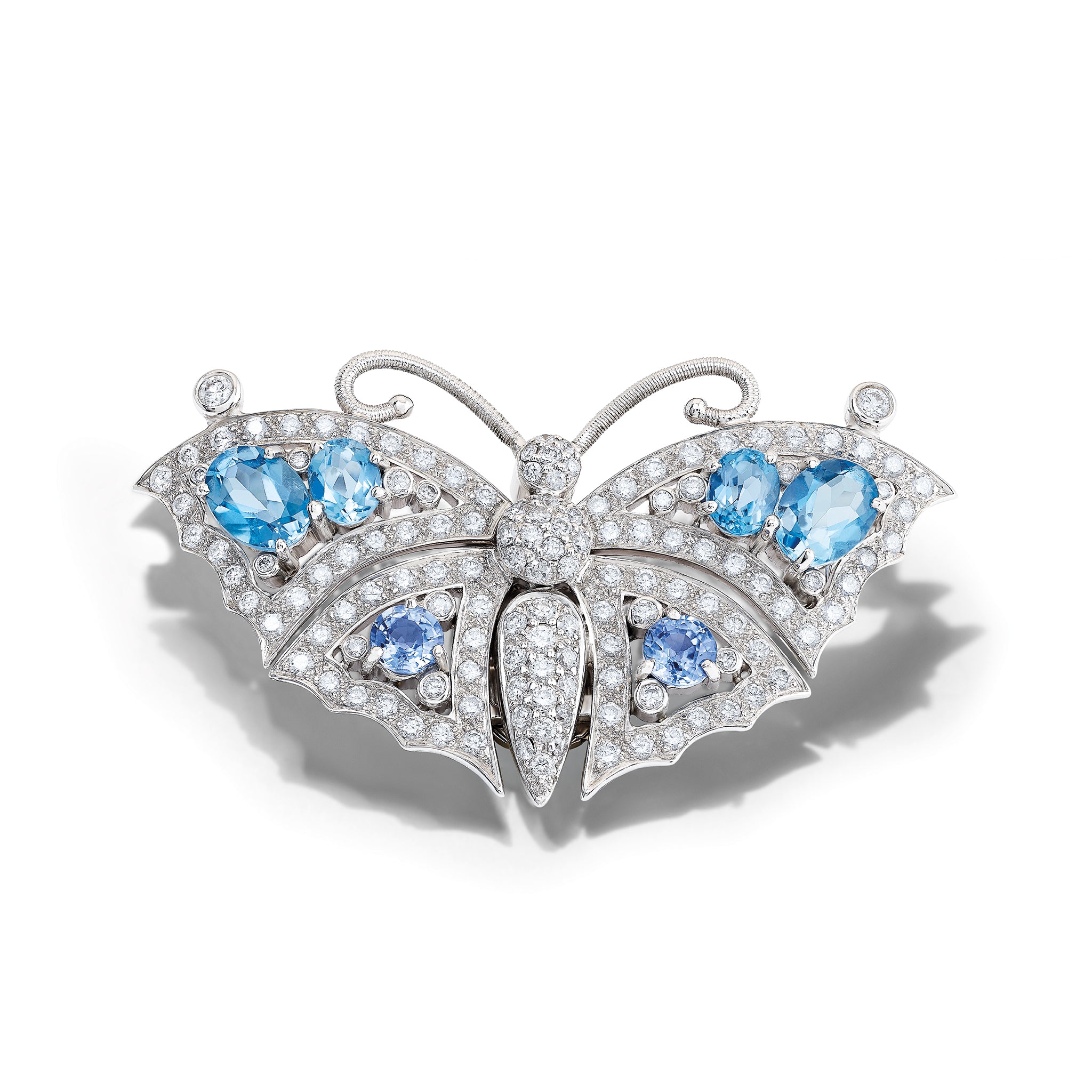 Handcrafted butterfly necklace pendant and brooch in 18ct white gold set with sapphire, aquamarine and diamond.