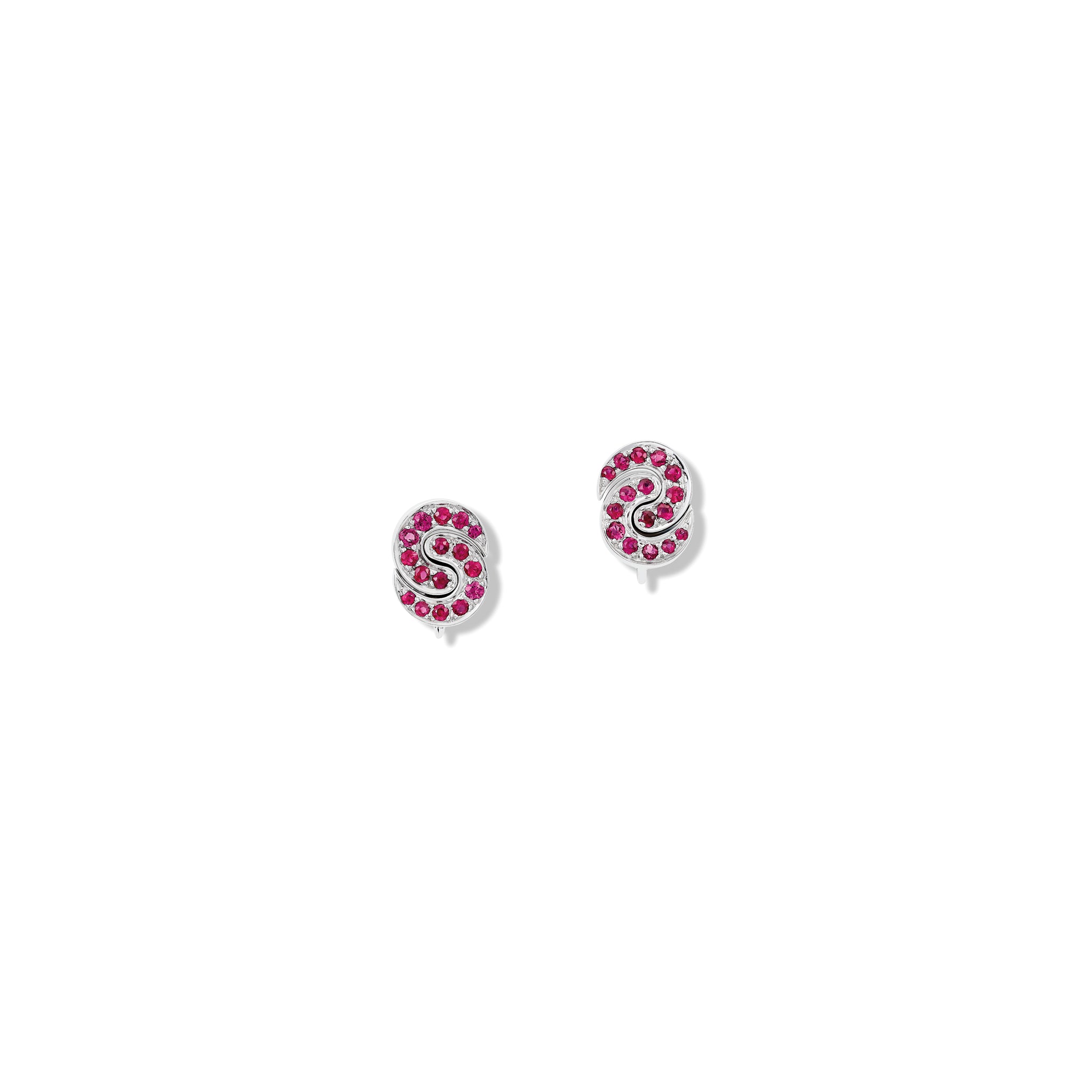 Handcrafted 18ct white gold stud earrings featuring a crescent shape with ruby pavé, birthstone of July.