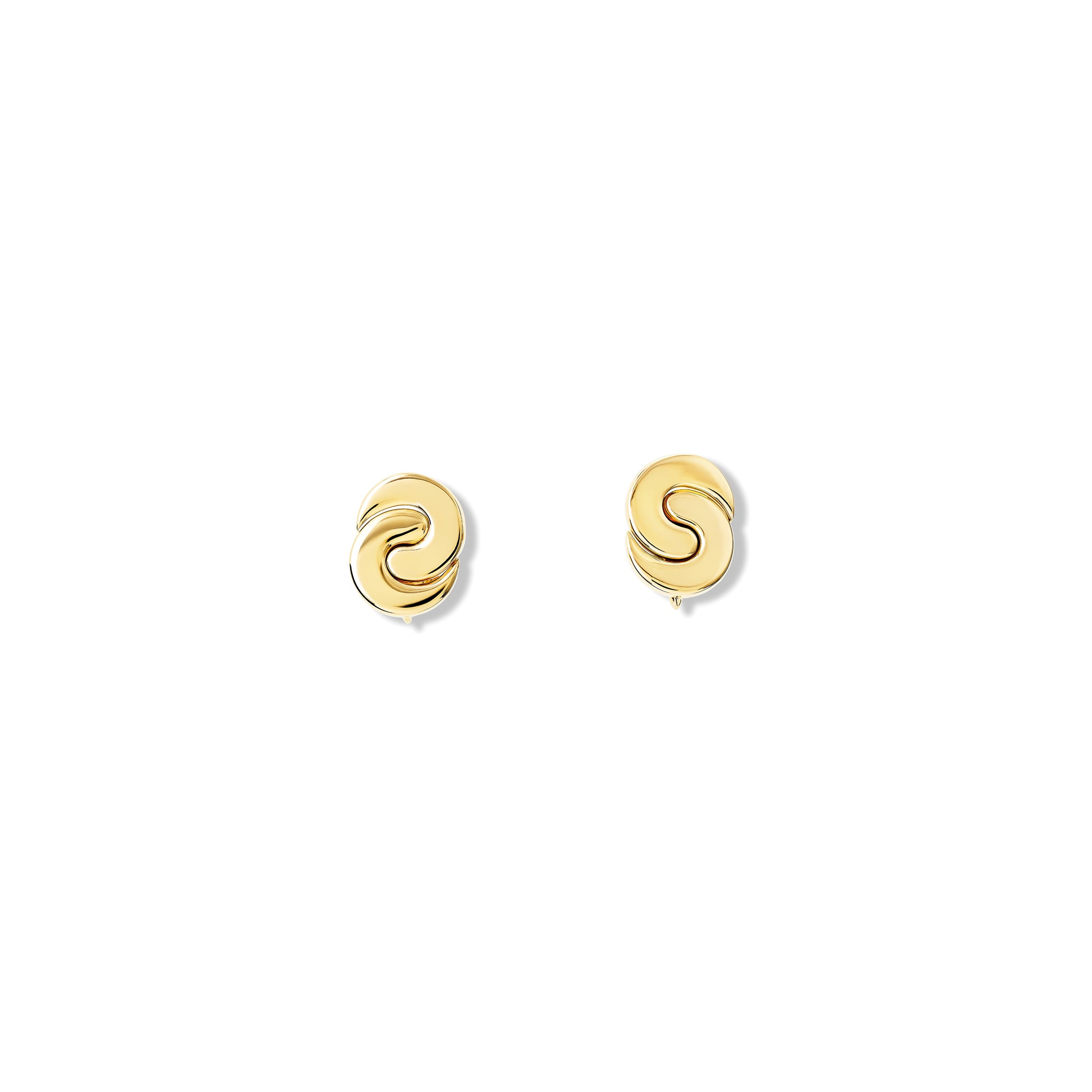 Handcrafted yellow gold earrings featuring two crescent shapes.
