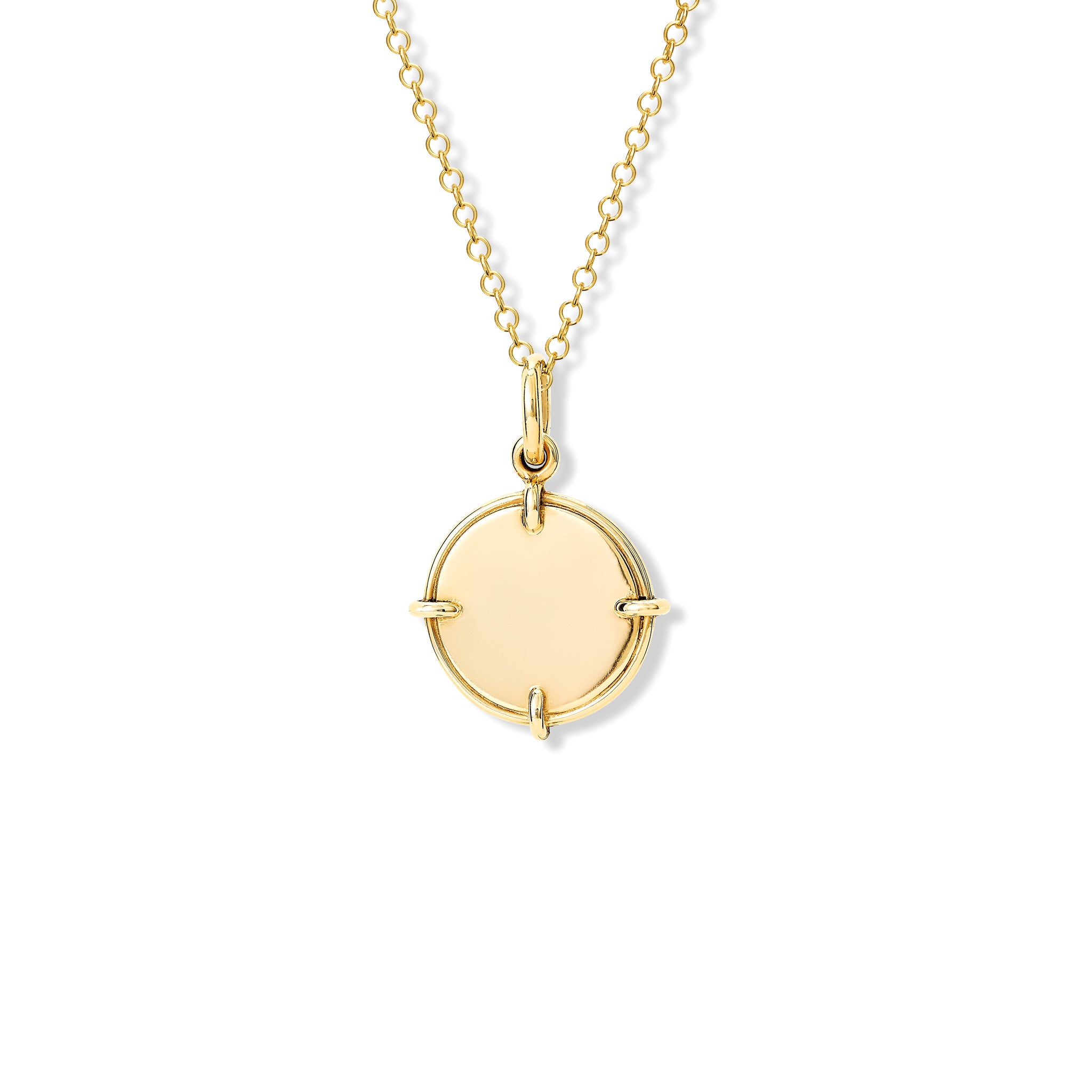 Handcrafted yellow gold necklace pendant featuring a round shape with four points.
