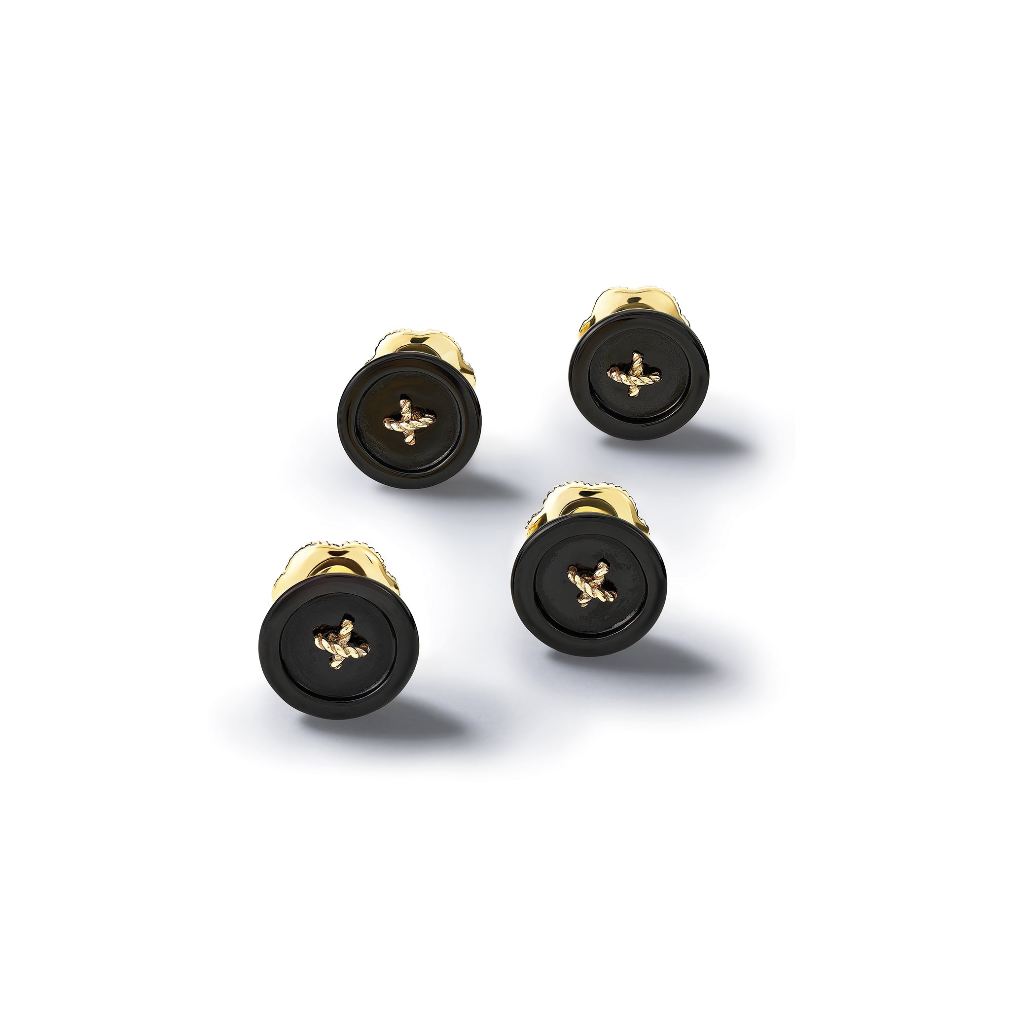 Handcrafted single ended yellow gold dress studs featuring black onyx buttons with golden details.