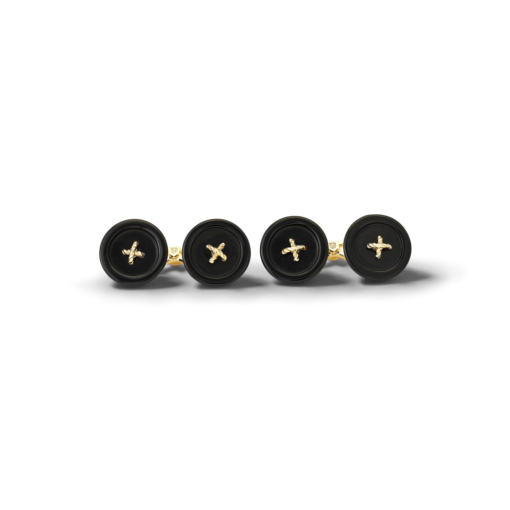 Handcrafted double ended yellow gold cufflinks featuring black onyx buttons with golden details. 