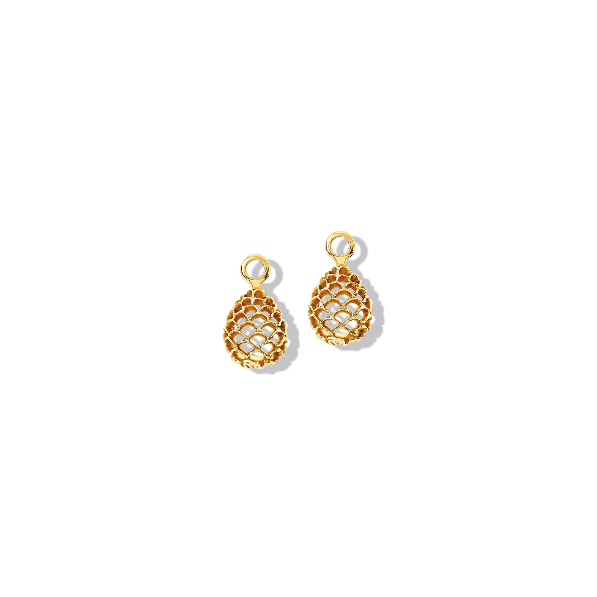 Handcrafted yellow gold earring drops featuring a pinecone frame.