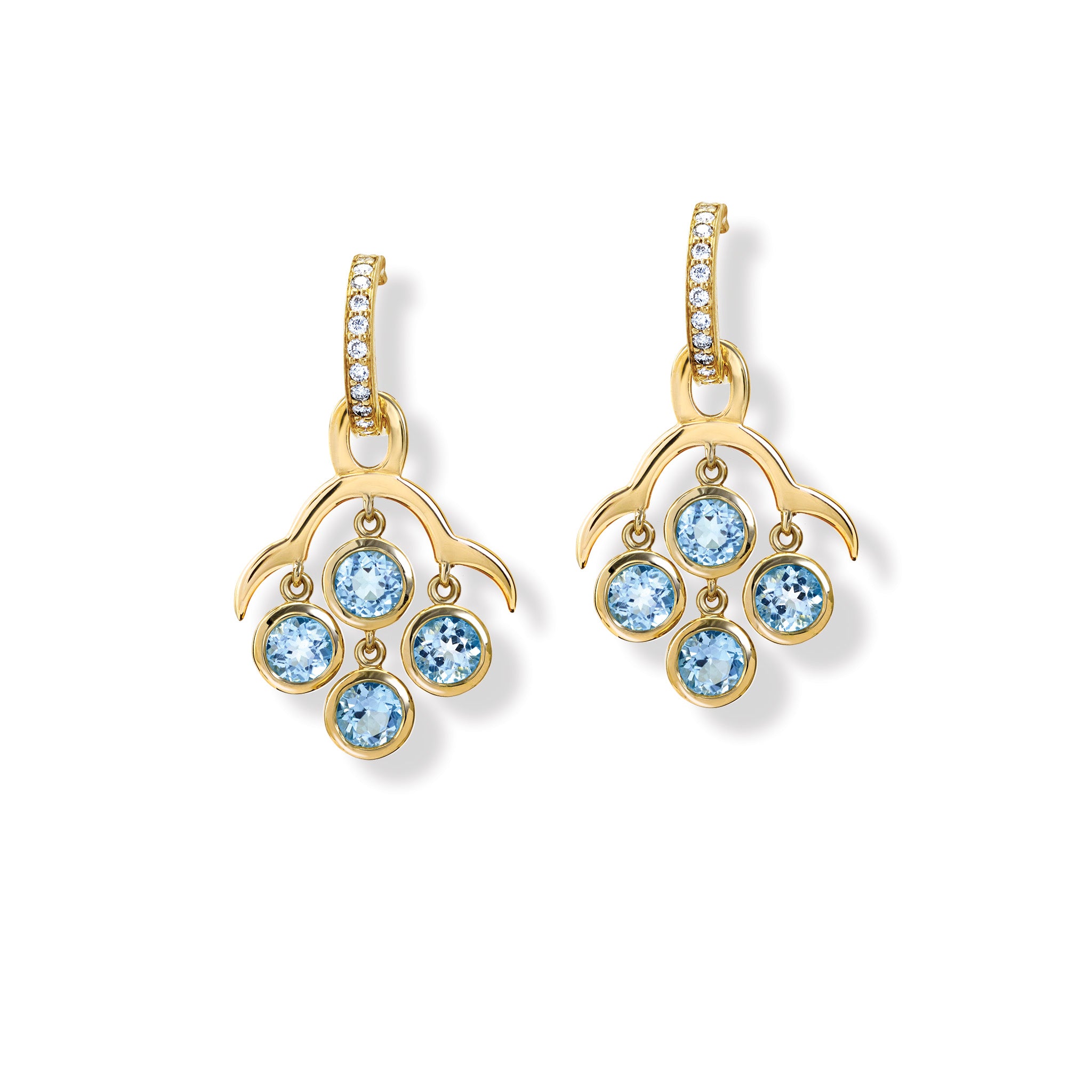 Handcrafted yellow gold earring drops inspired by acai berries featuring four blue topaz gemstones, on Astrea hoops.