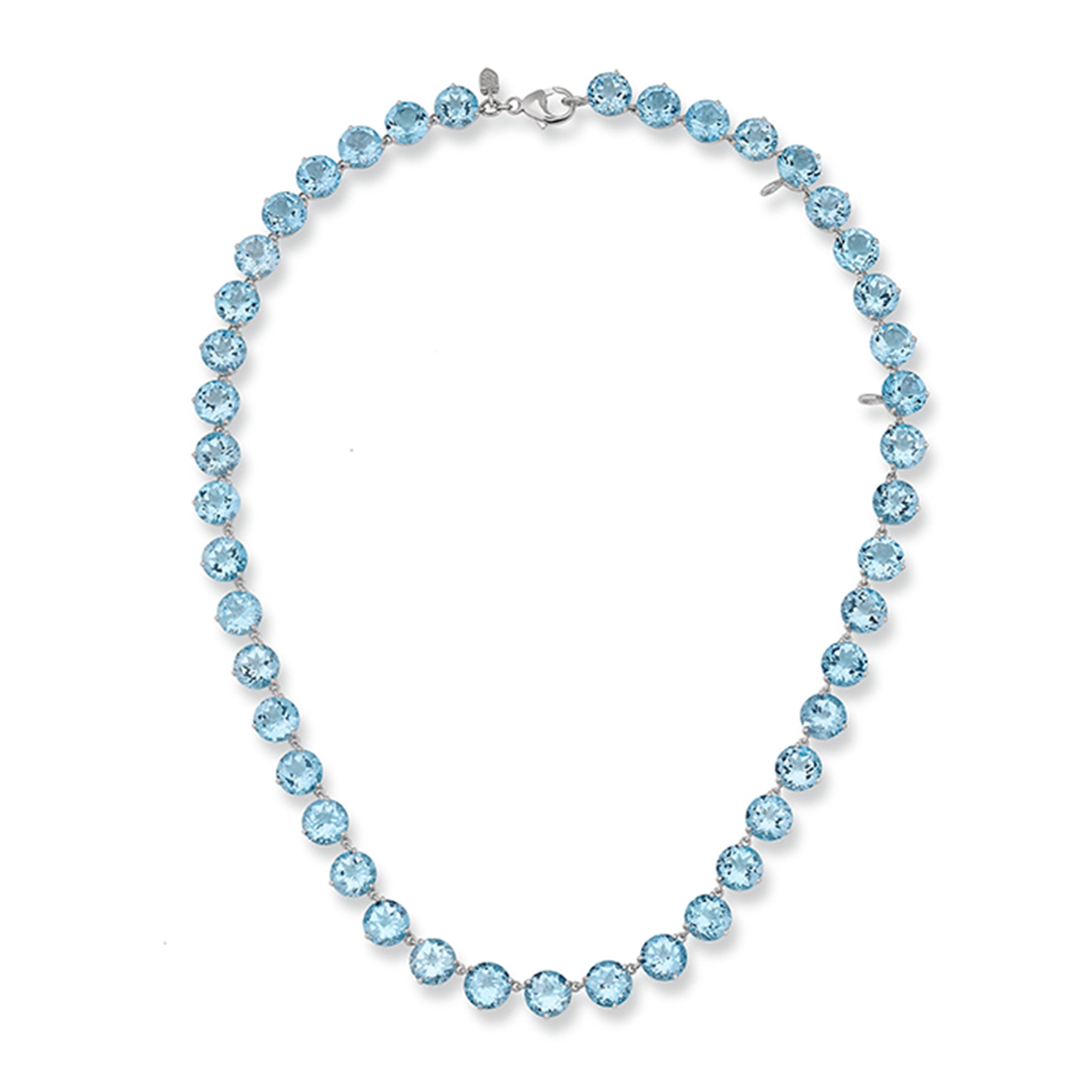 Handcrafted white gold necklace featuring circular blue topaz gemstones.
