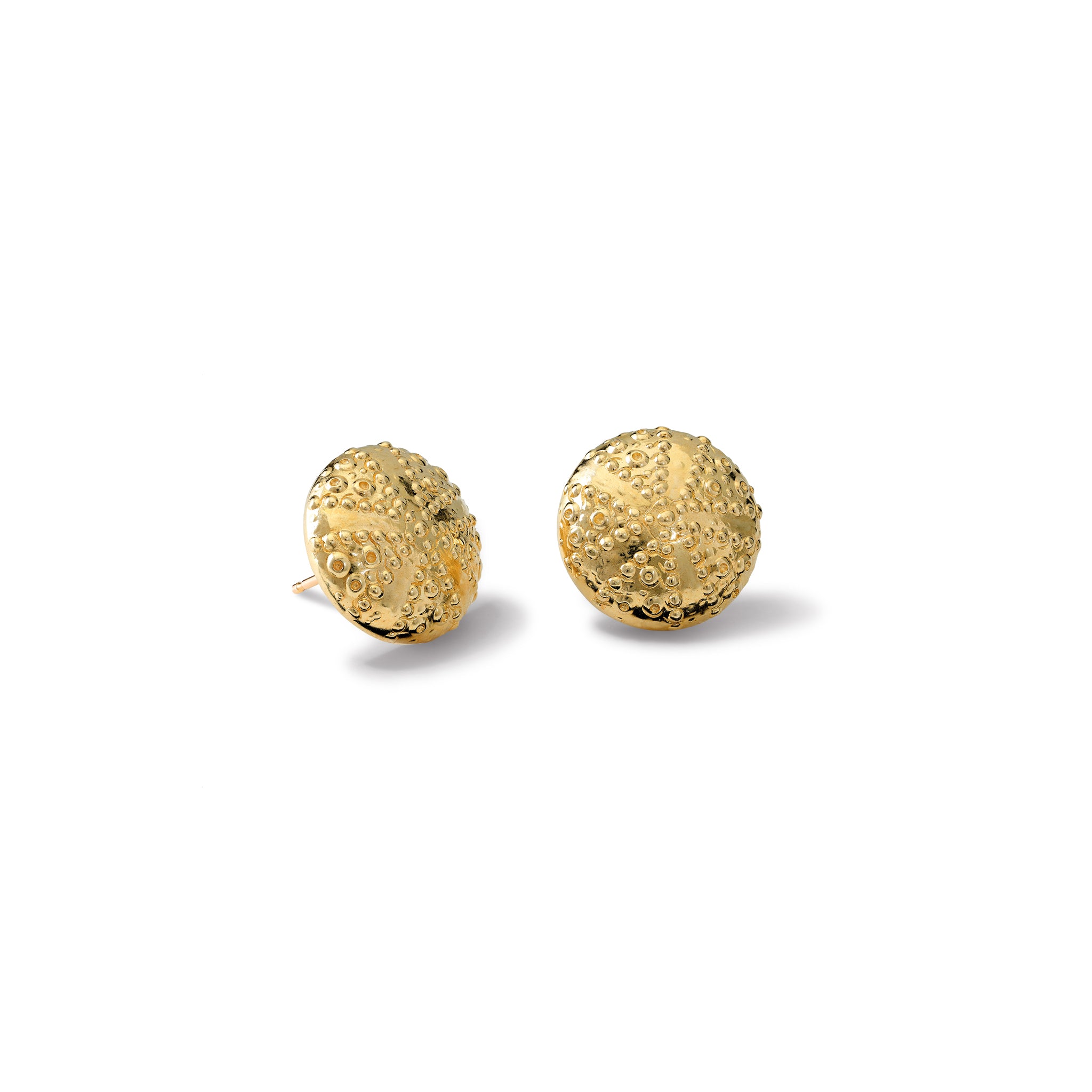 Handcrafted yellow gold earrings featuring a sea urchin shape.
